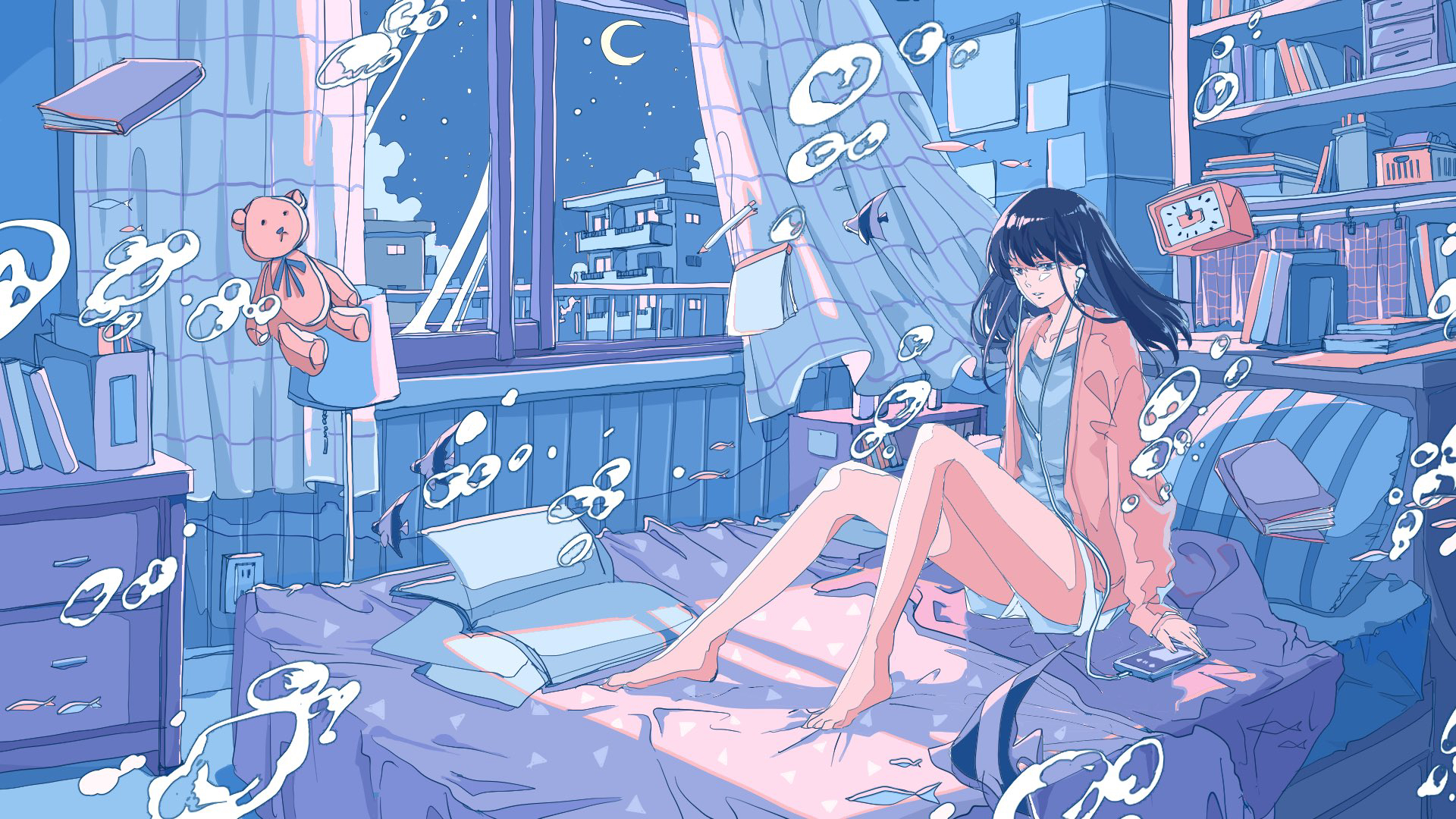 Anime 1920x1080 anime anime girls original characters artwork Ichigoame room underwater in bed headphones