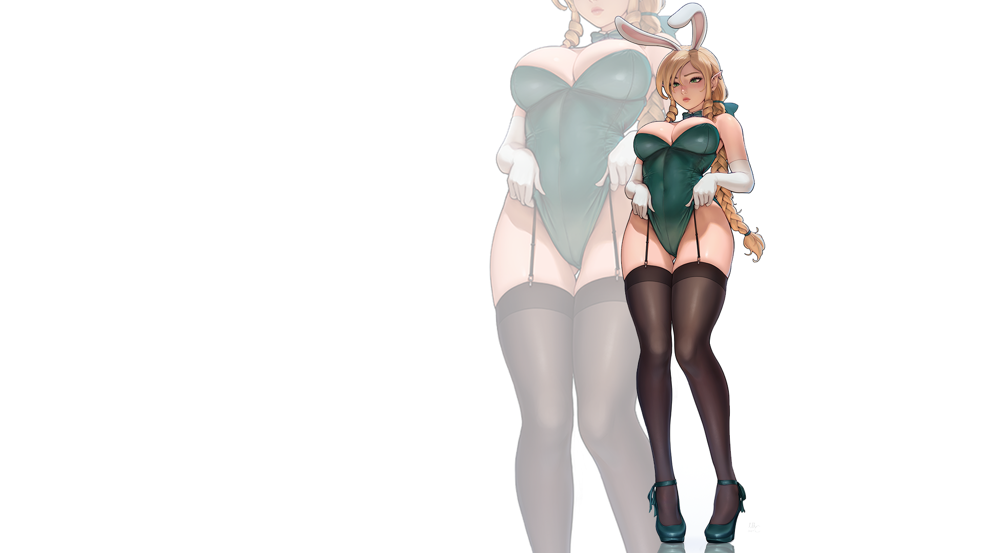 Anime 1920x1080 stockings heels thighs big boobs bunny suit blonde braids green eyes elves anime girls Mirco Cabbia leotard green leotard