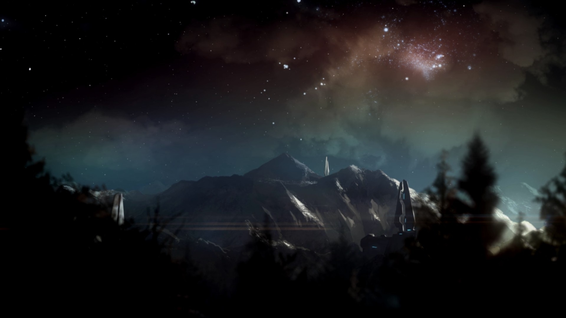 General 1920x1080 video games screen shot Halo CE mountains clouds night stars trees