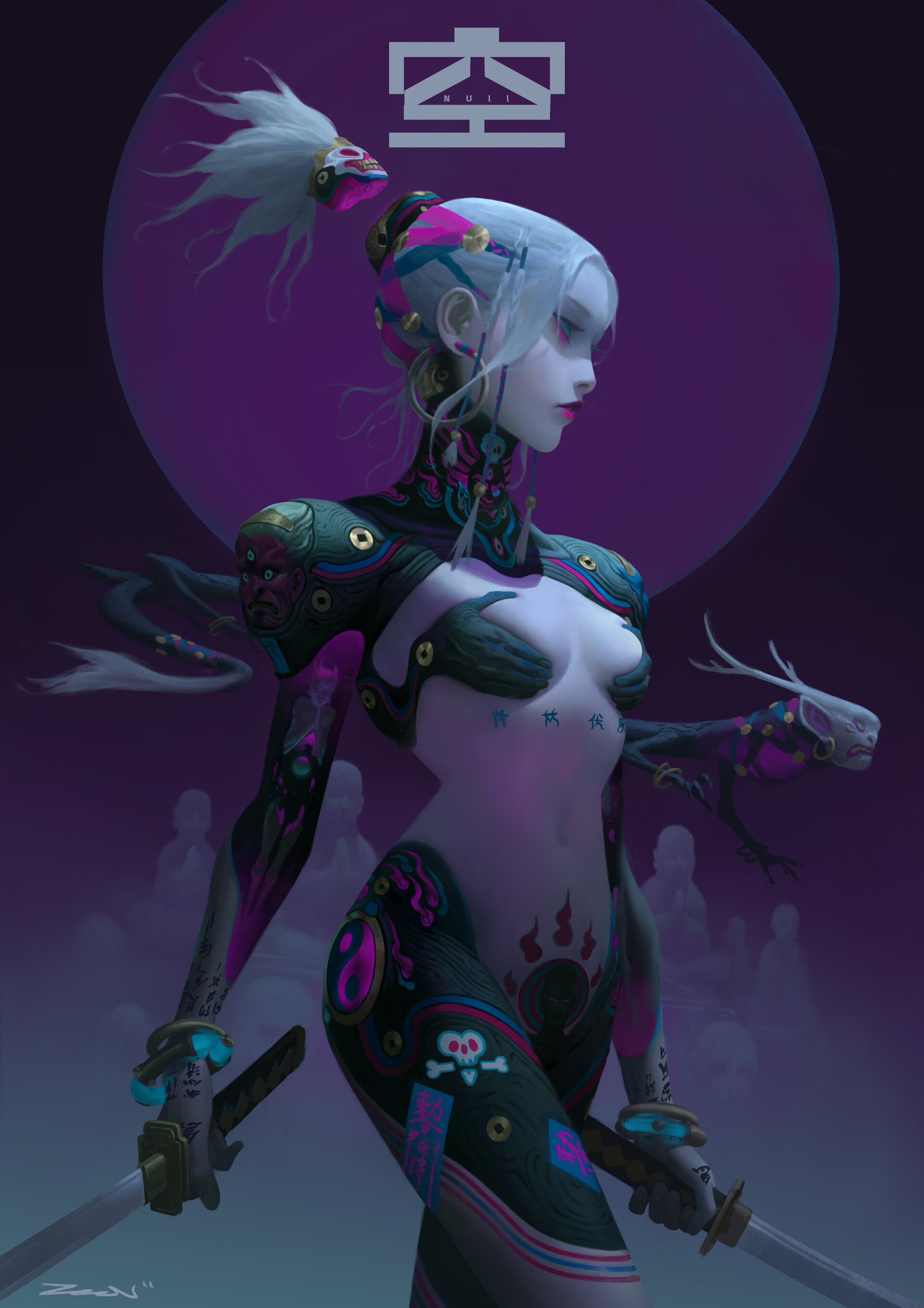 General 1920x2716 fantasy art women fantasy girl Zeen Chin boobs belly slim body sword Moon women with swords