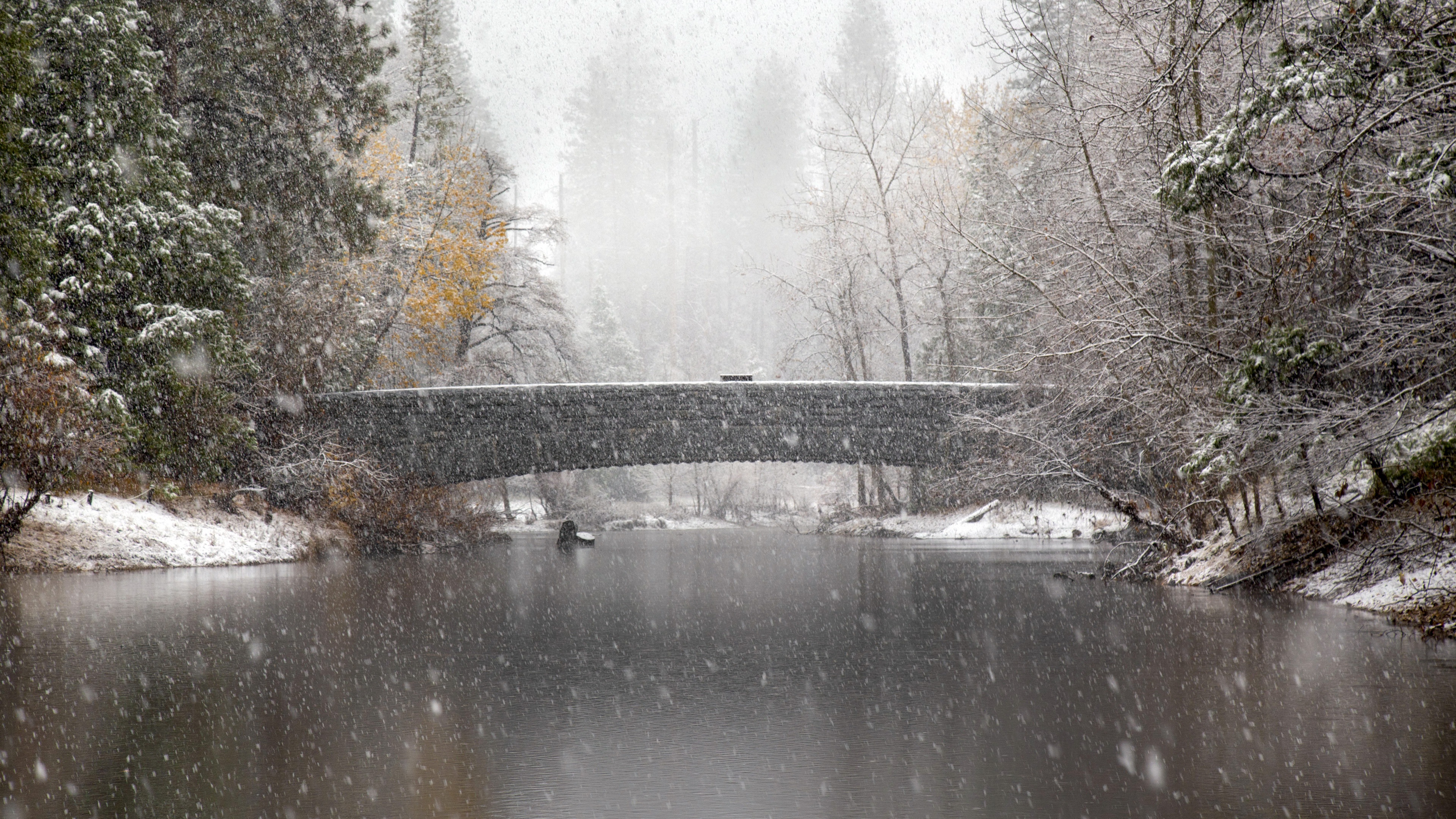 General 3840x2160 water nature winter outdoors snow cold trees USA bridge