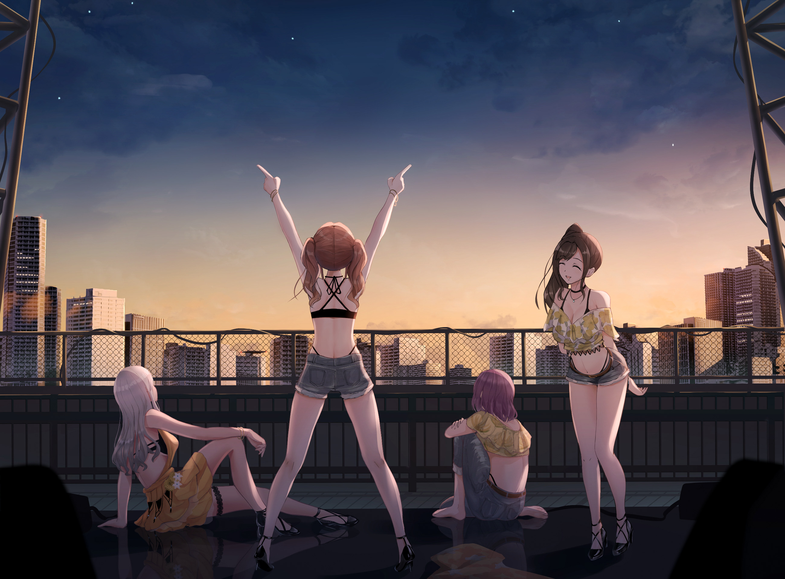 Anime 2600x1919 D4DJ anime girls morning sky dress jeans bikini short shorts