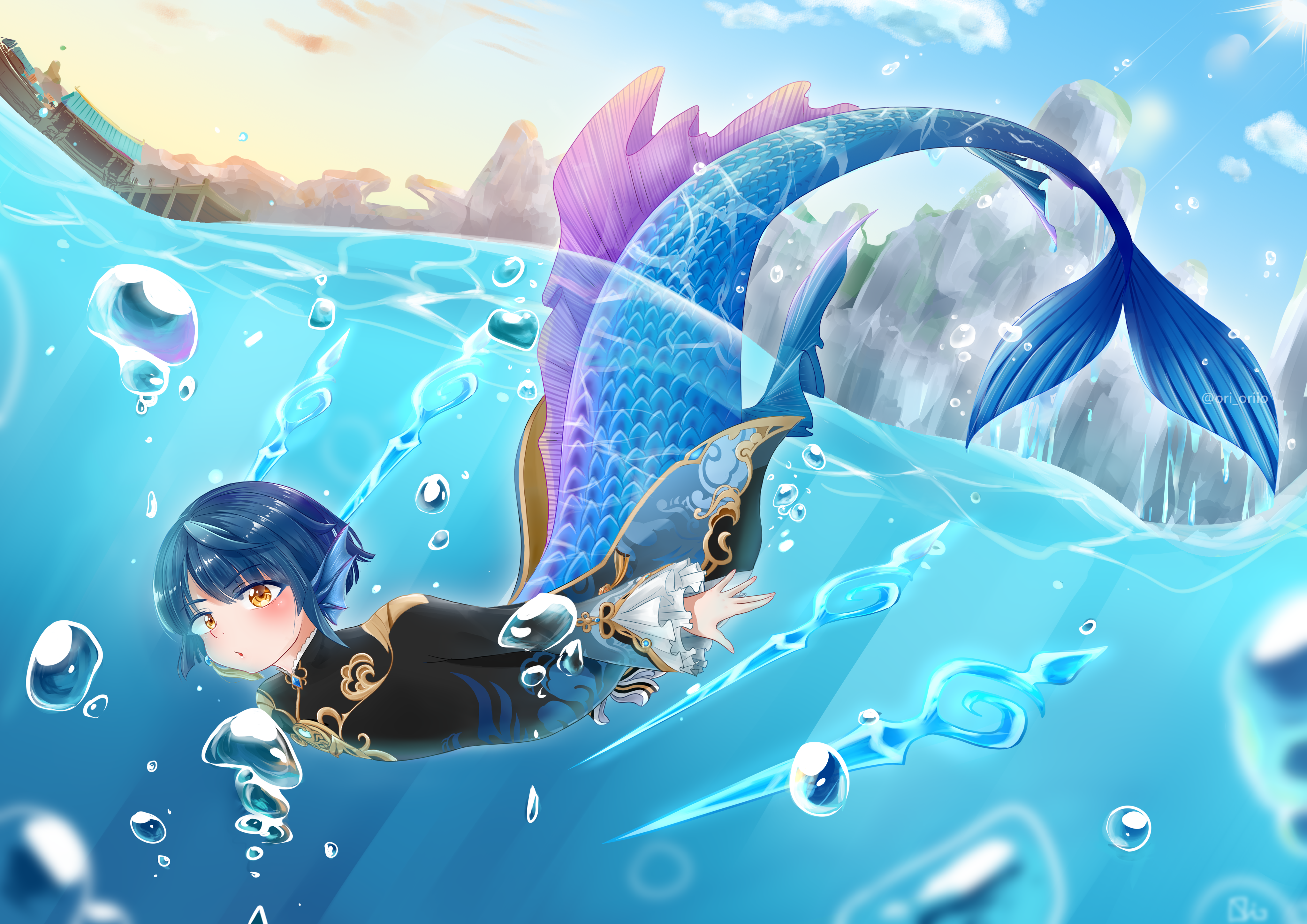 Anime 4093x2894 Genshin Impact Xingqiu (Genshin Impact) anime girls anime video games underwater fantasy art fantasy girl mermaids blue hair bubbles sea anime games