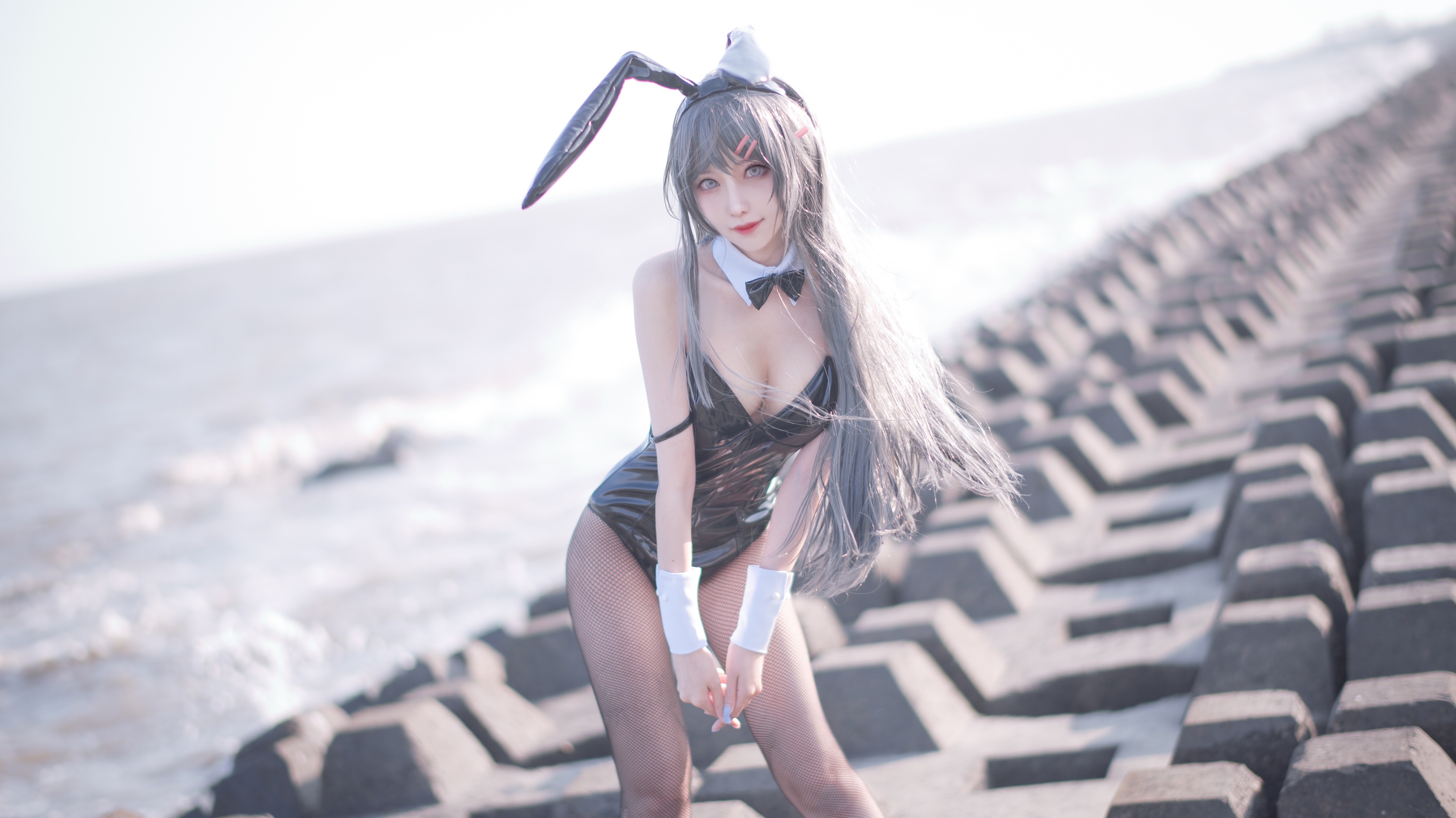 People 4022x2259 cosplay model Sakurajima Mai bunny suit gray hair gray eyes women Asian