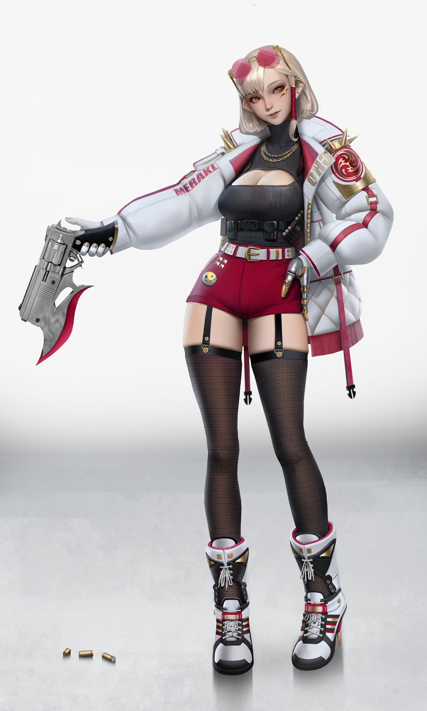 Anime 1805x3000 gyeong nam cho ArtStation standing women anime girls anime simple background white background girls with guns looking at viewer boots stockings boobs sunglasses gun weapon hands on hips short shorts garter straps