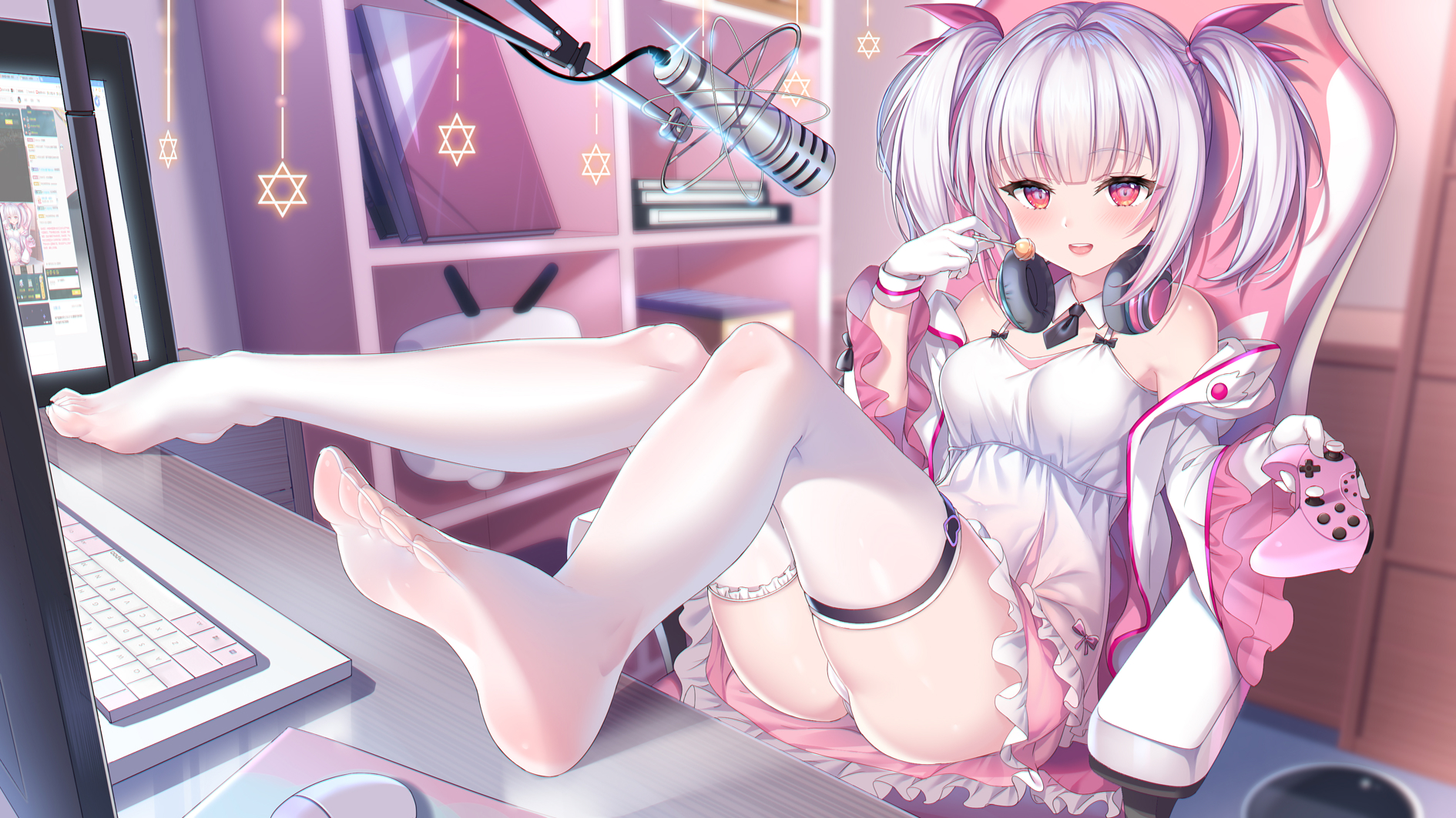 Anime 1890x1063 anime girls thigh-highs lifting skirt toes Streaming controllers lollipop twintails feet foot fetishism