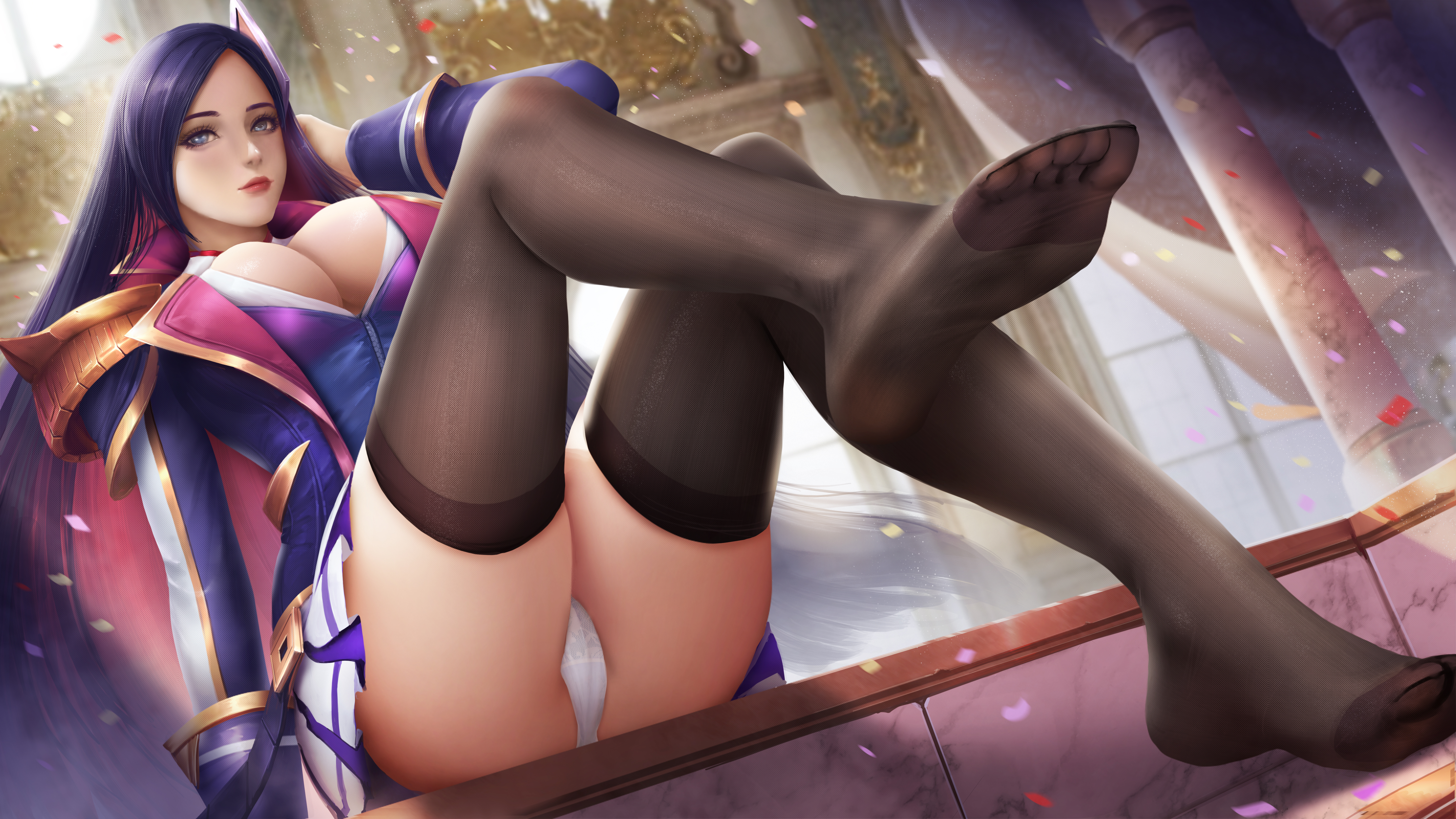 General 5476x3080 Caitlyn (League of Legends) League of Legends video games video game girls long hair looking at viewer cleavage jacket miniskirt upskirt underwear panties white panties ass sitting thick thigh thighs stockings black stockings depth of field 2D artwork fantasy girl drawing illustration digital art