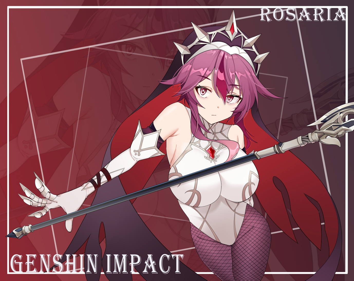 Anime 1378x1092 Genshin Impact anime girls Rosaria (Genshin Impact) purple hair leotard fishnet pantyhose big boobs