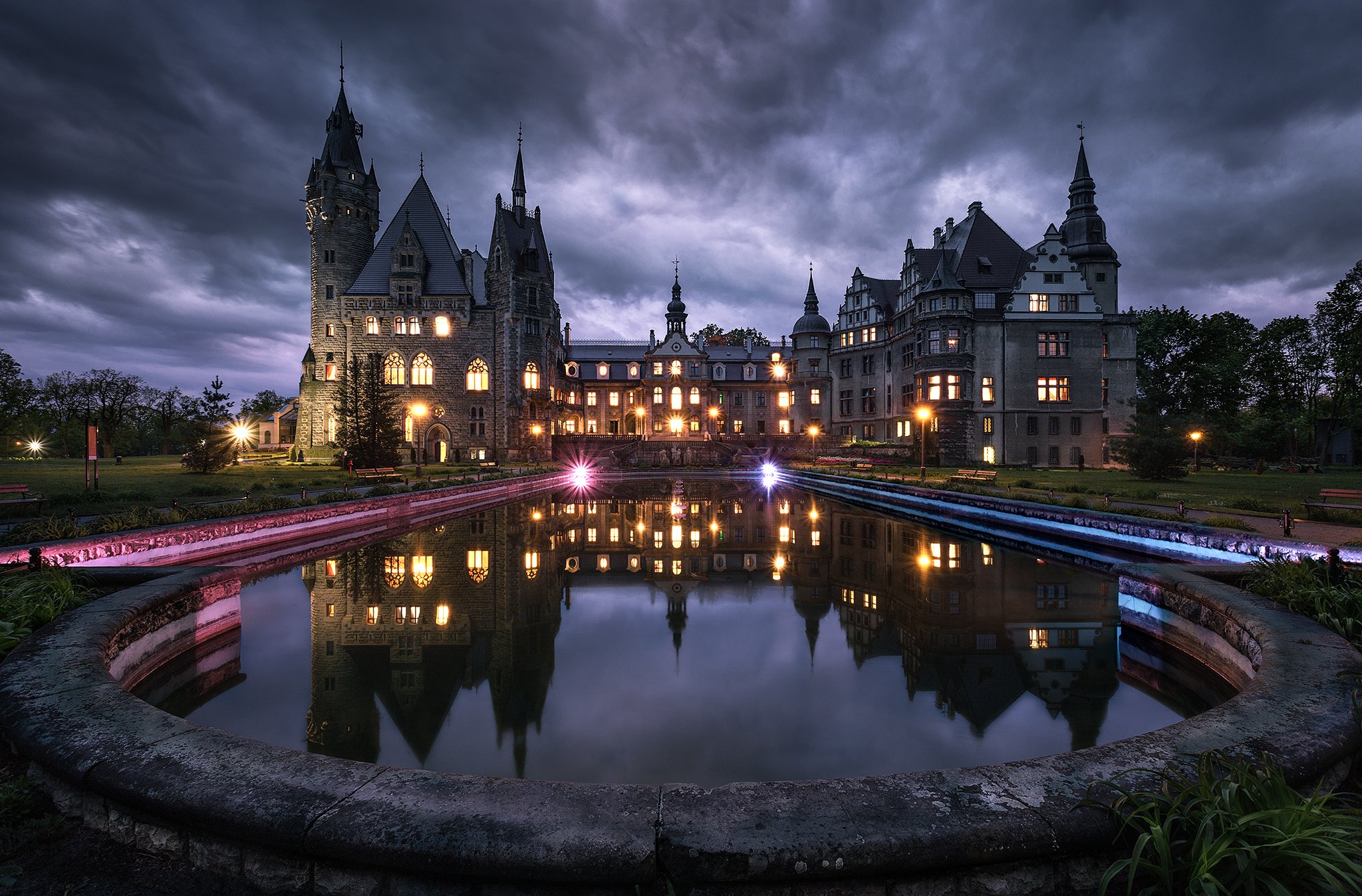 General 2048x1348 water reflection HDR photography night overcast Poland Moszna Castle bench lights Pawel Olejniczak