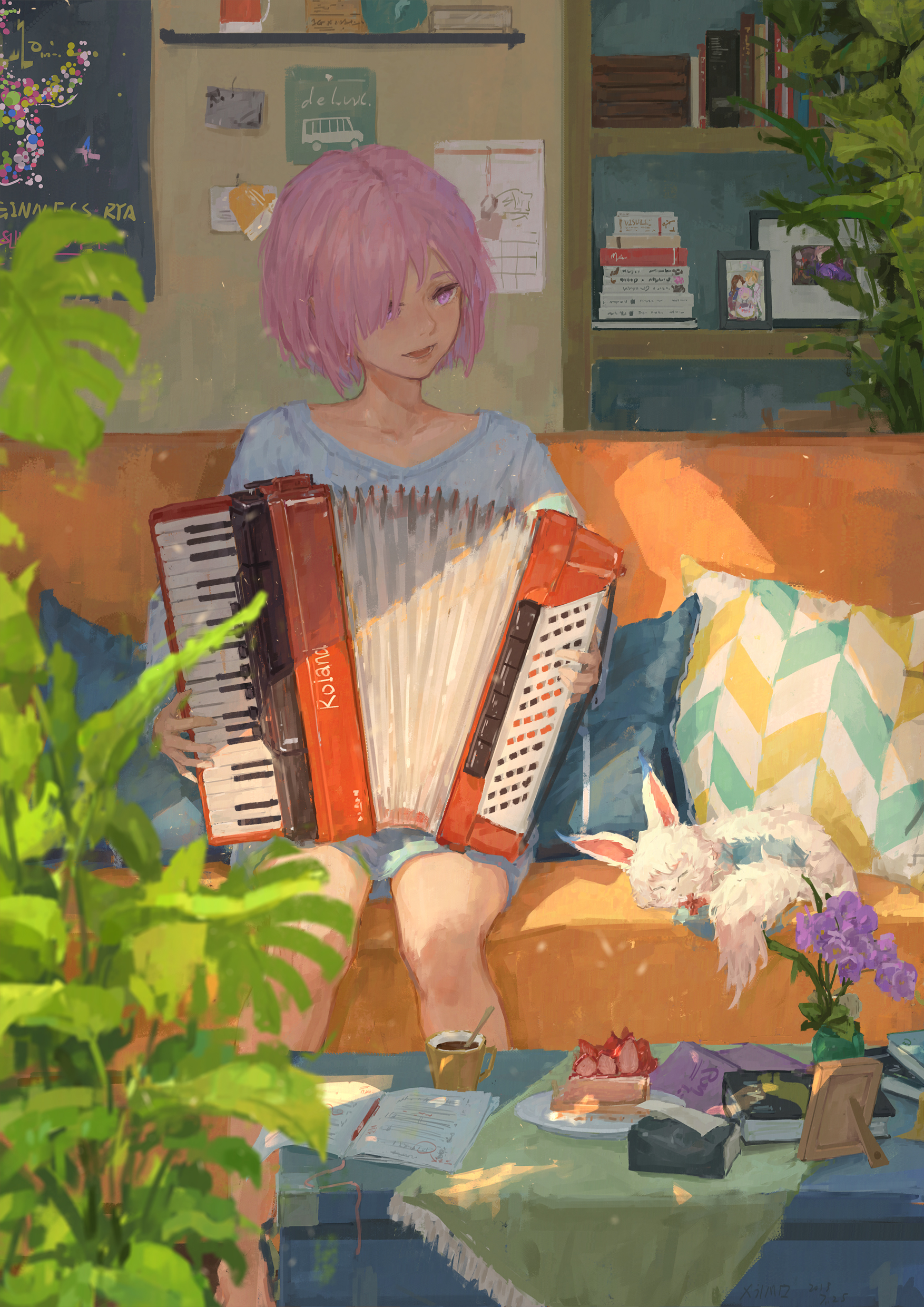 Anime 1754x2481 XilmO anime girls on sofa pink hair accordions anime women women indoors musical instrument