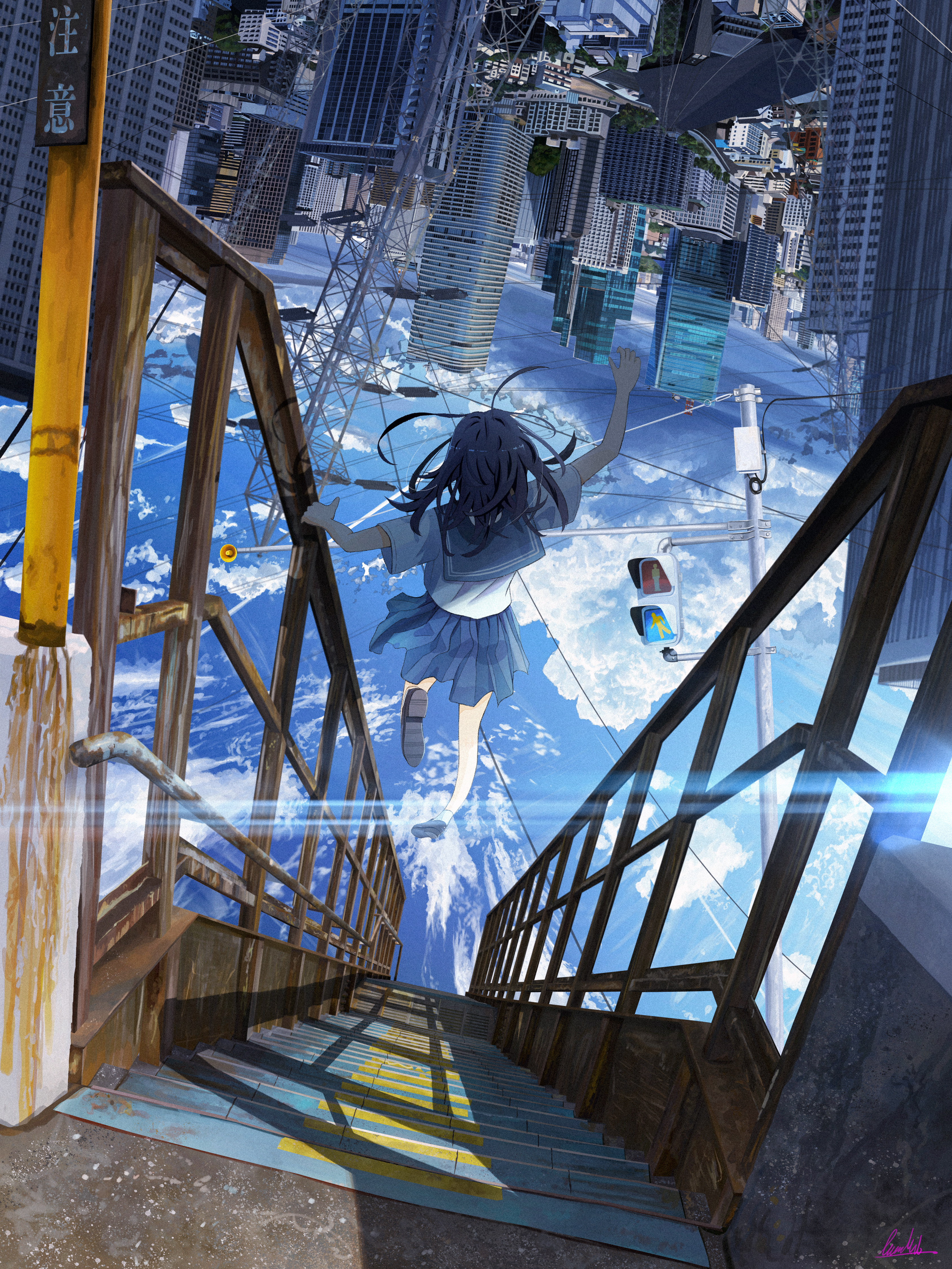 Anime 3376x4501 digital art anime anime girls abstract city cityscape ladder sky clouds school uniform schoolgirl upside down