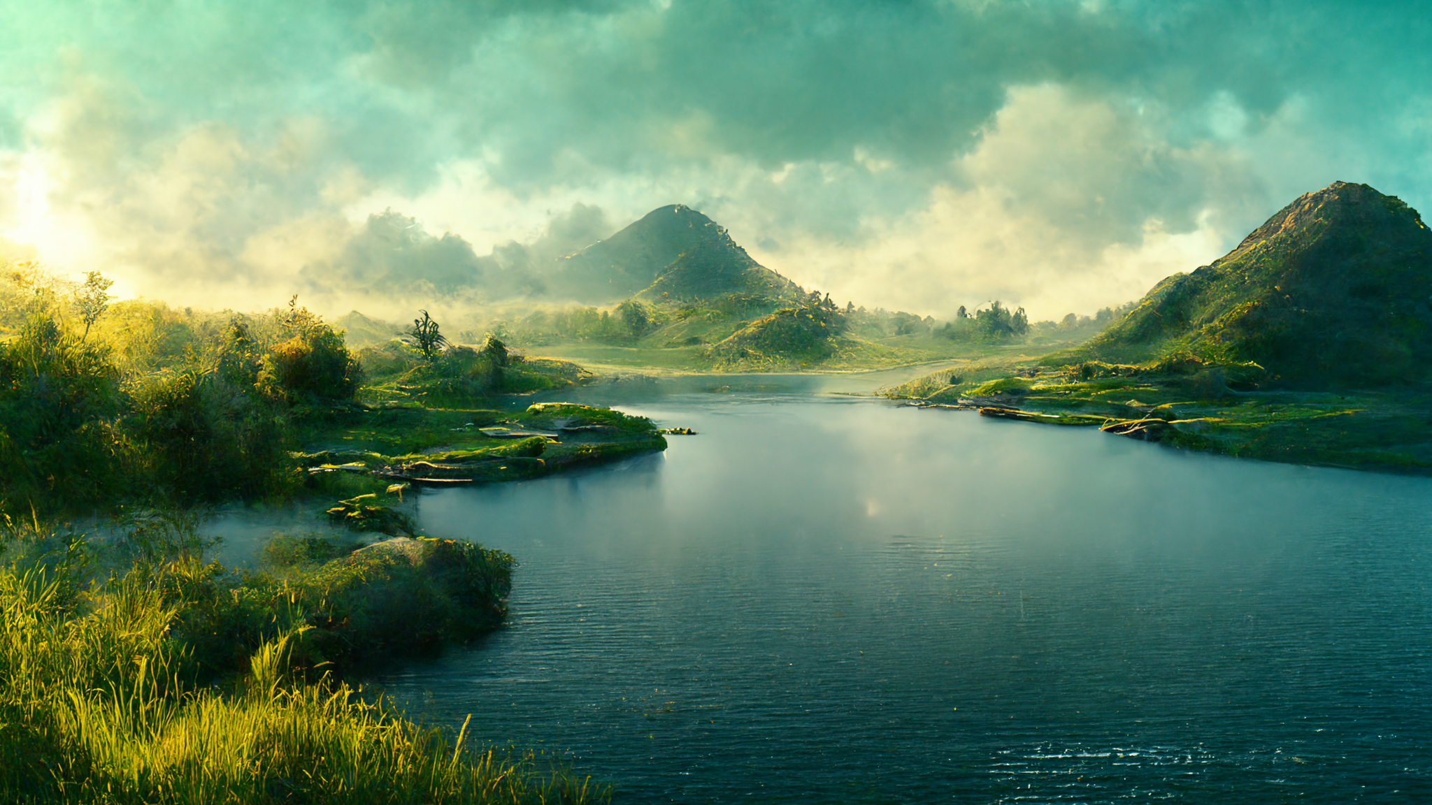 General 2048x1152 lake peaceful water blue green mountains landscape field clouds smog mist grass hills AI art