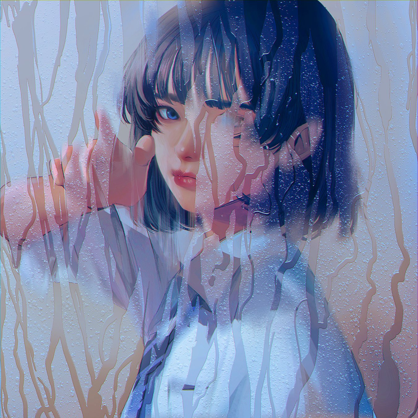 Anime 1352x1352 anime girls foggy window artwork digital art