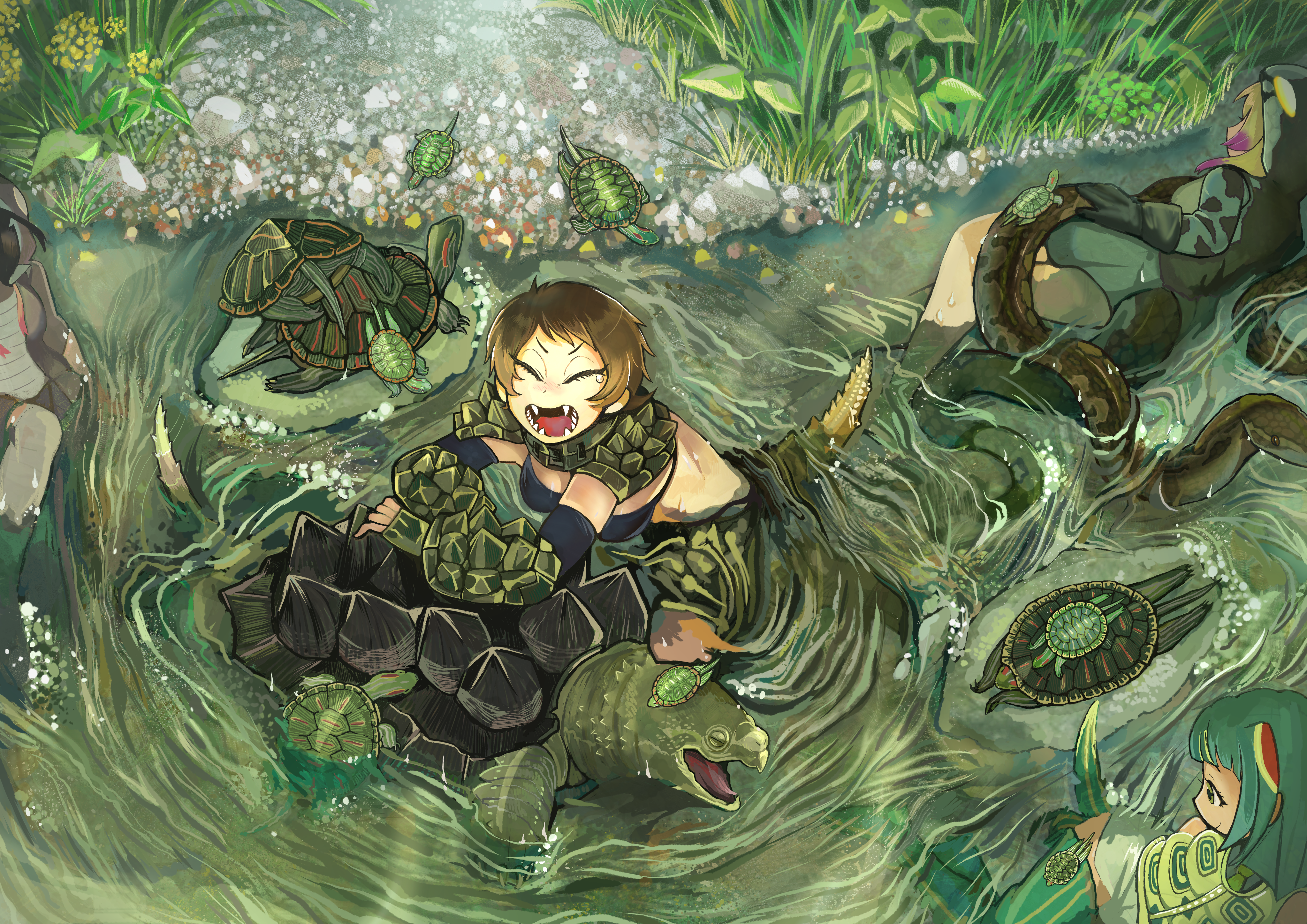 Anime 4093x2894 Kemono Friends river turtle anime anime girls plants grass water snake fangs open mouth monster girl closed eyes green hair brunette in water