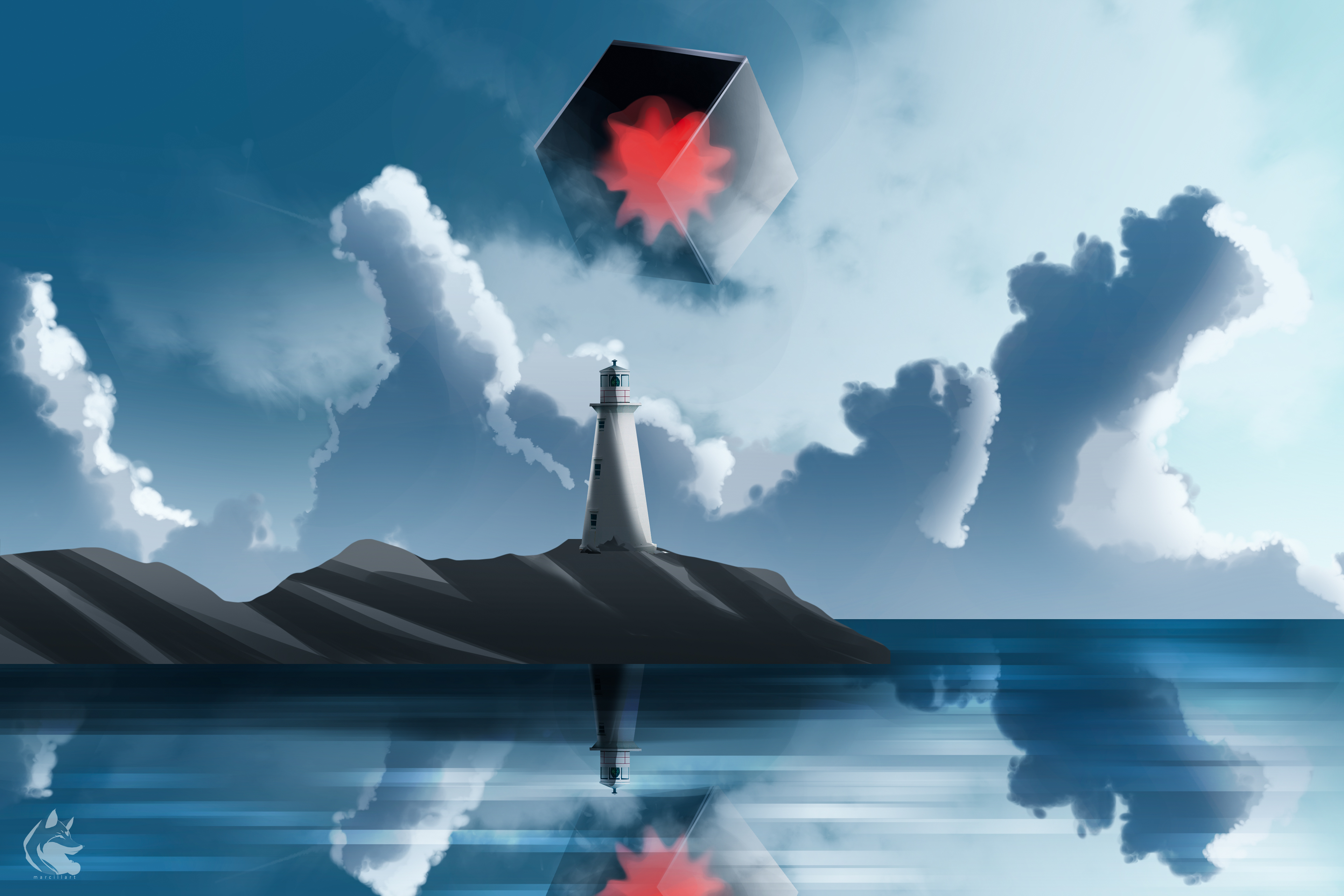General 3840x2560 cube No Man's Sky surreal lighthouse sea clouds video games reflection