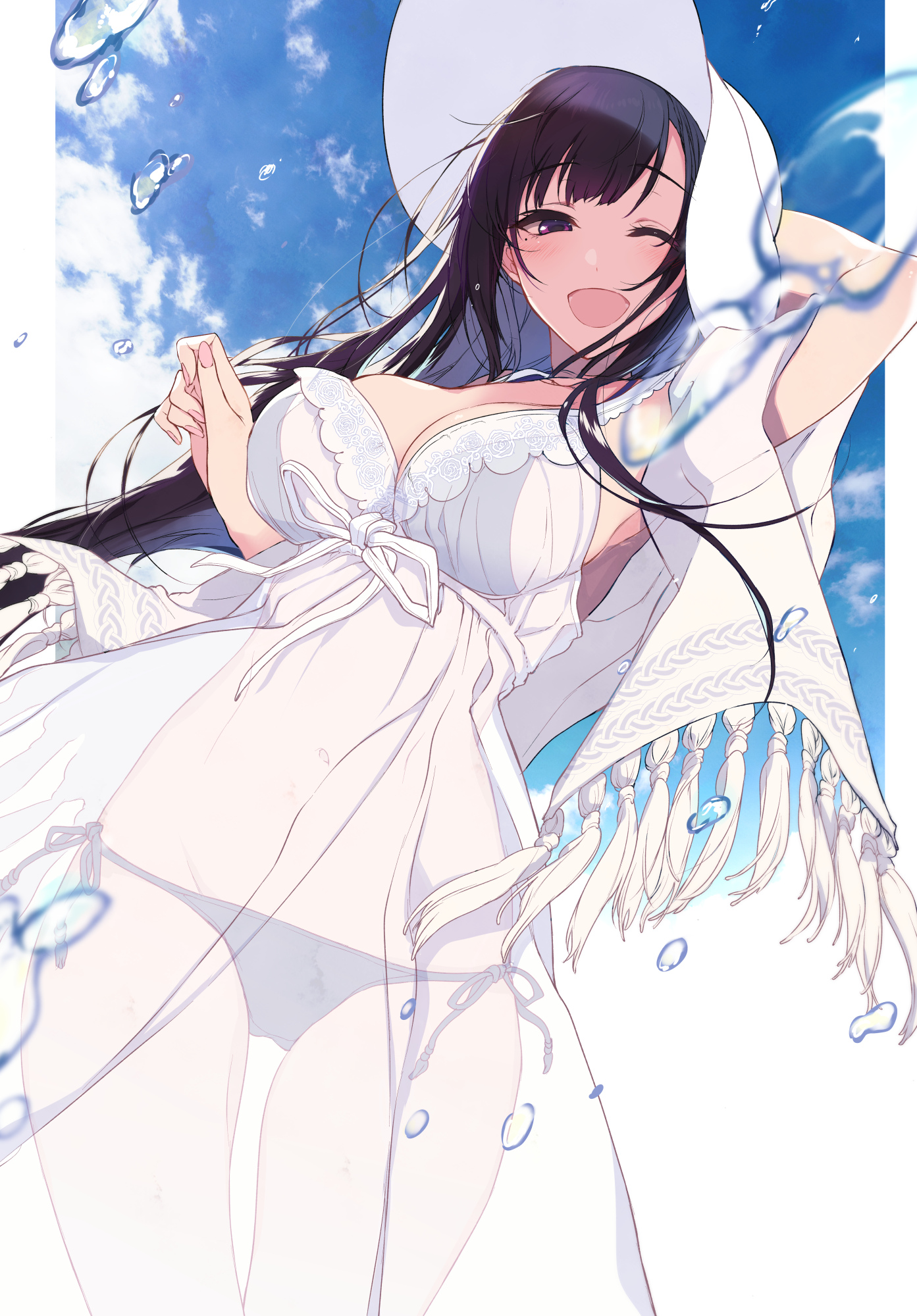 Anime 1393x2000 devil girl Elder Sister maid water splash swimwear long hair hat anime girls see-through clothing bikini