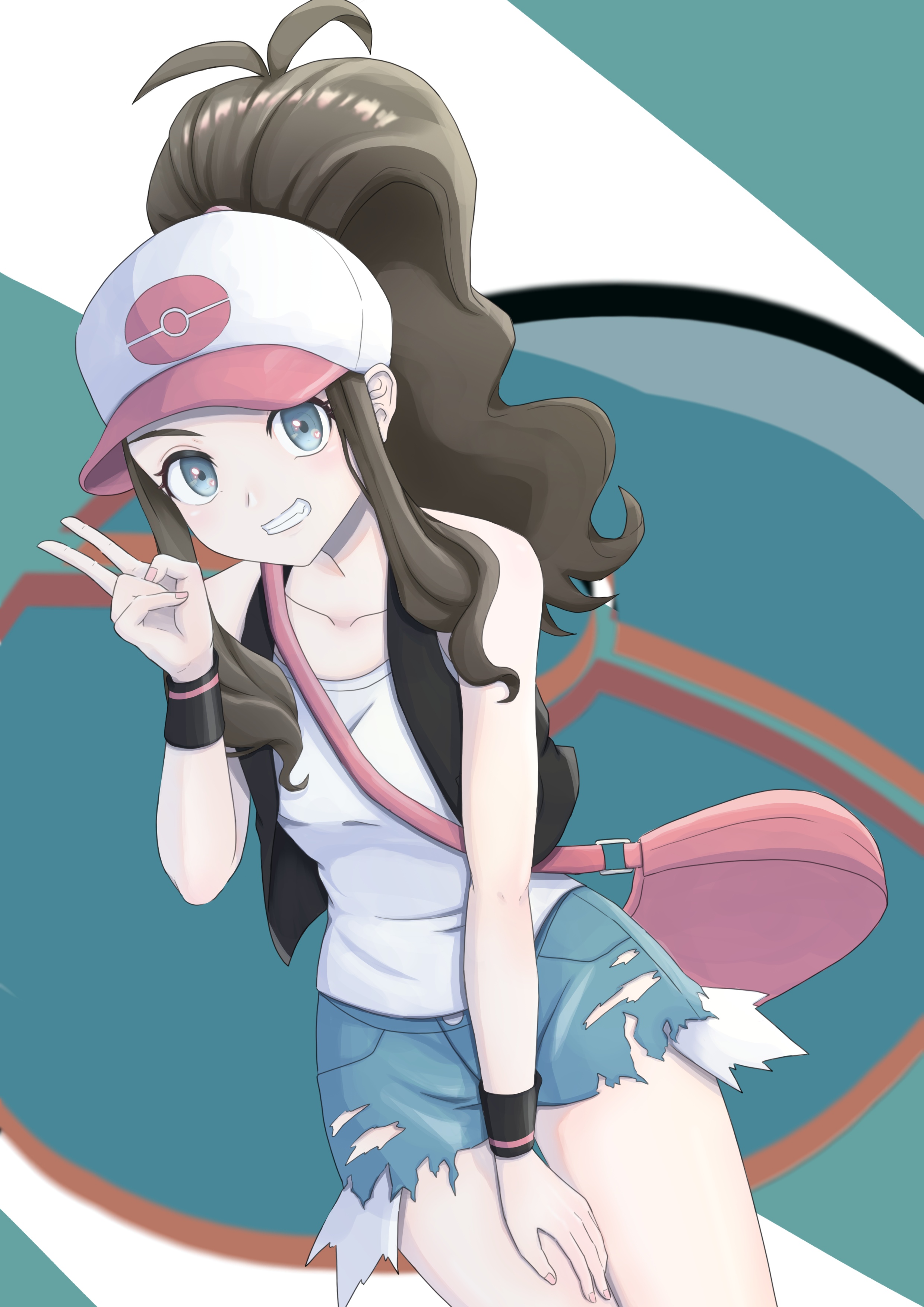 Anime 2480x3508 anime anime girls Pokémon Hilda (Pokémon) long hair ponytail brunette solo artwork digital art fan art hat peace sign