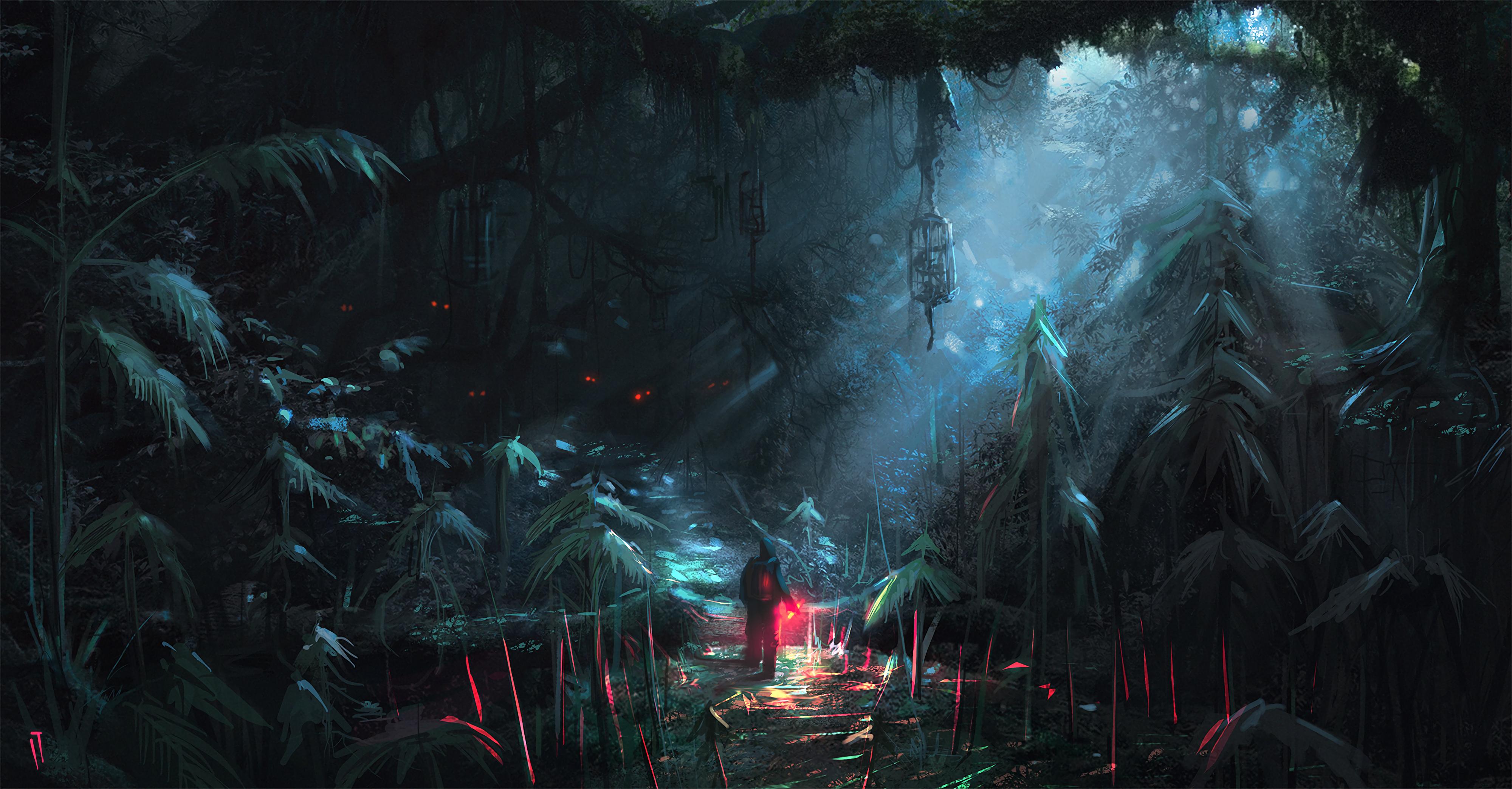 General 4000x2086 night forest path dark fantasy art