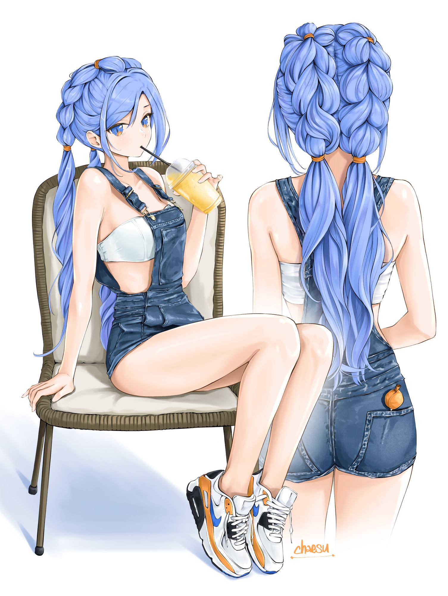 Anime 1505x2000 anime anime girls digital art petite Pixiv 2D artwork portrait portrait display looking at viewer blue hair blue eyes drink Chaesu