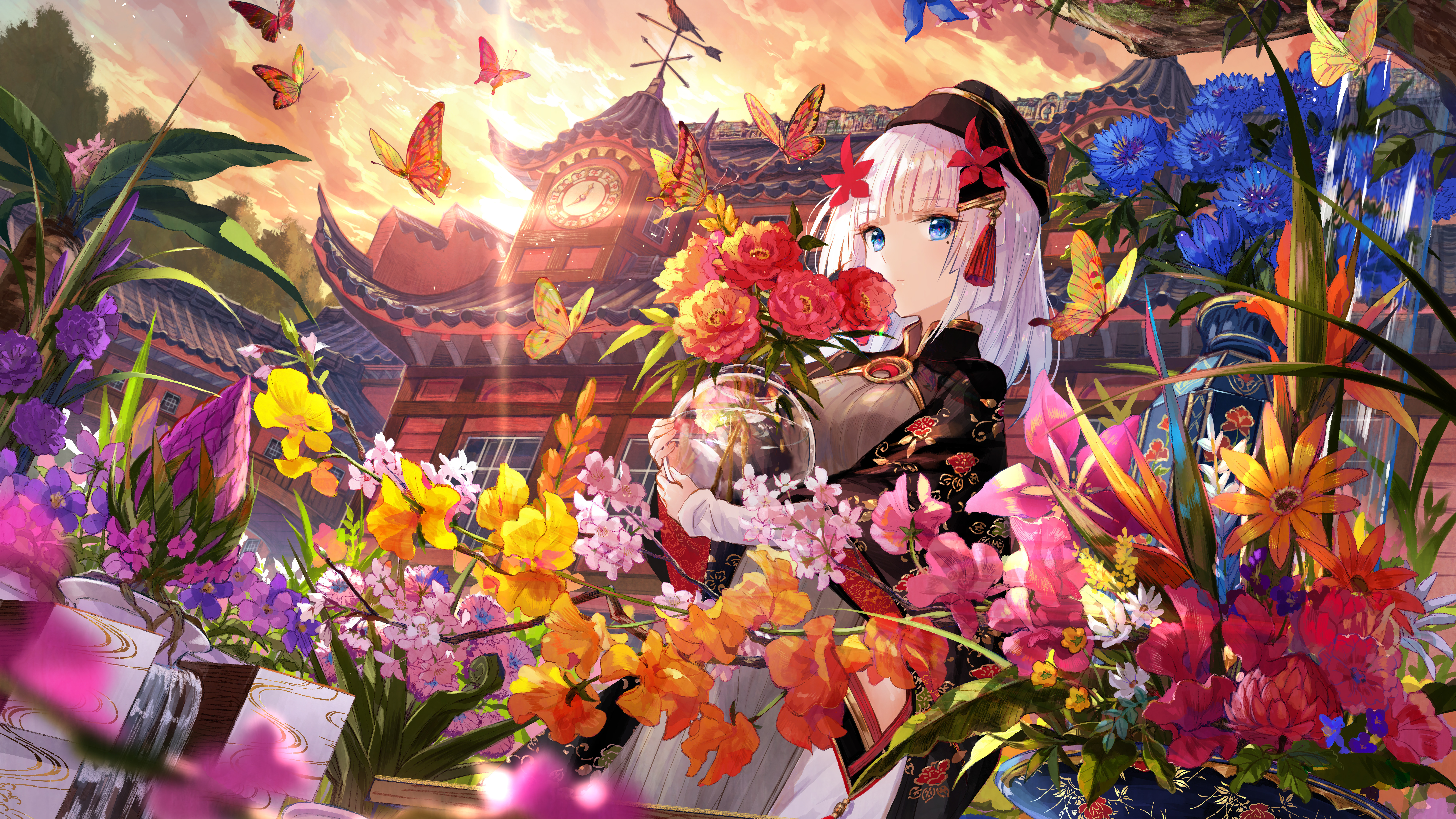 Anime 7680x4320 anime girls flowers butterfly rose plants
