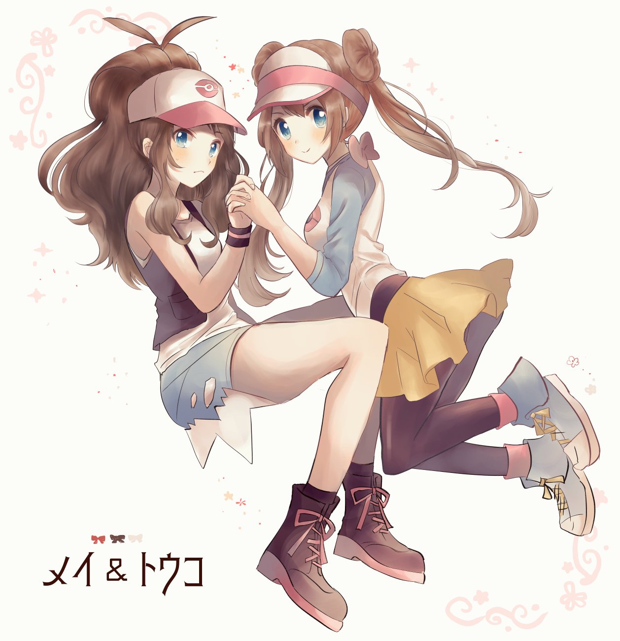 Anime 1258x1300 anime anime girls Pokémon Rosa (Pokémon) Hilda (Pokémon) long hair twintails ponytail brunette two women artwork digital art fan art hat Japanese