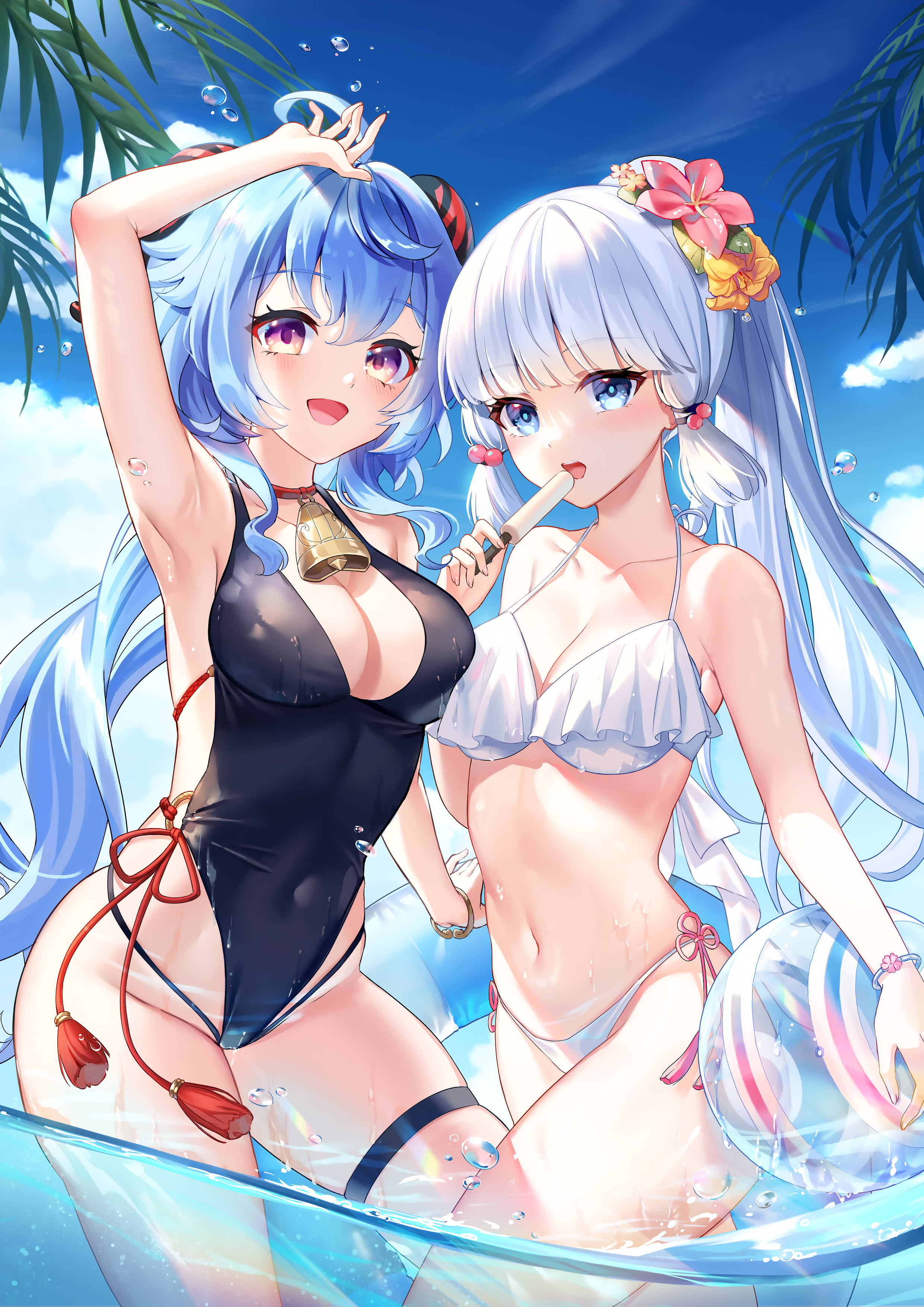 Anime 2480x3508 anime anime girls looking at viewer portrait display 2D ecchi Pixiv petite blue hair bikini swimwear belly belly button Genshin Impact Ganyu (Genshin Impact) Kamisato Ayaka (Genshin Impact) one-piece swimsuit two women boobs food sweets popsicle slim body flower in hair in water water women outdoors open mouth Yun Ting standing in water