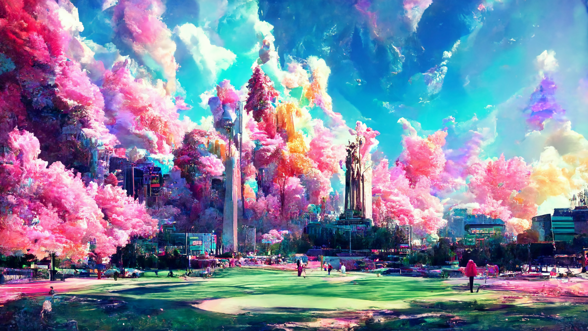 General 2048x1152 fantasy city pink futuristic bright AI art clear sky