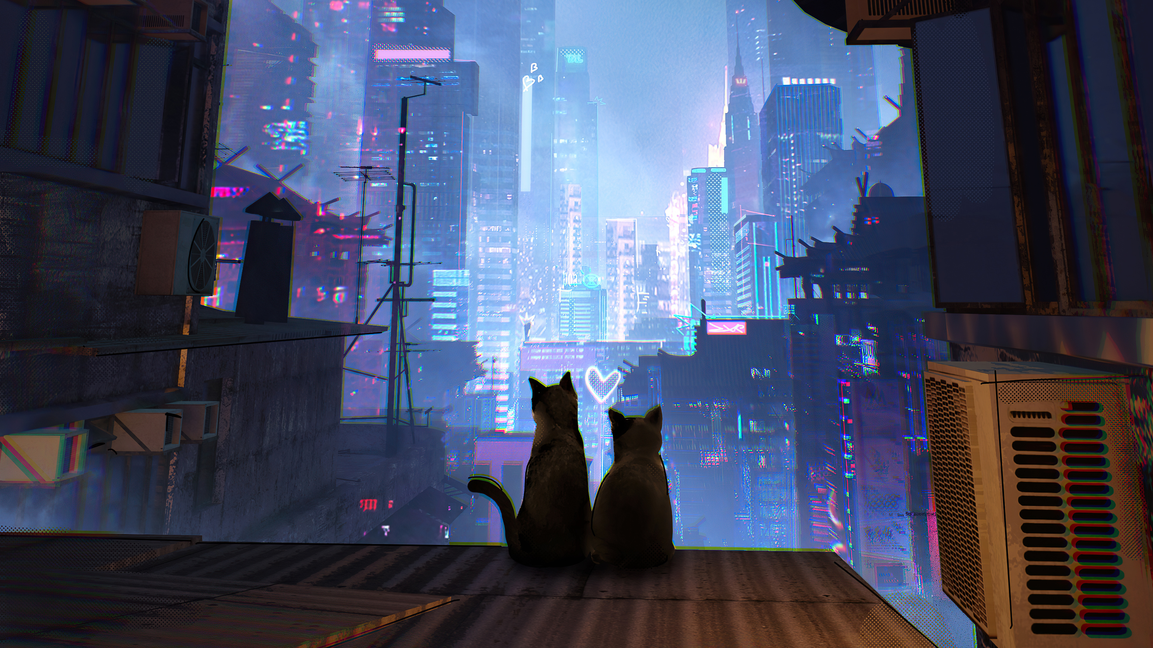 General 3840x2160 science fiction city cats animals heart Stray digital art