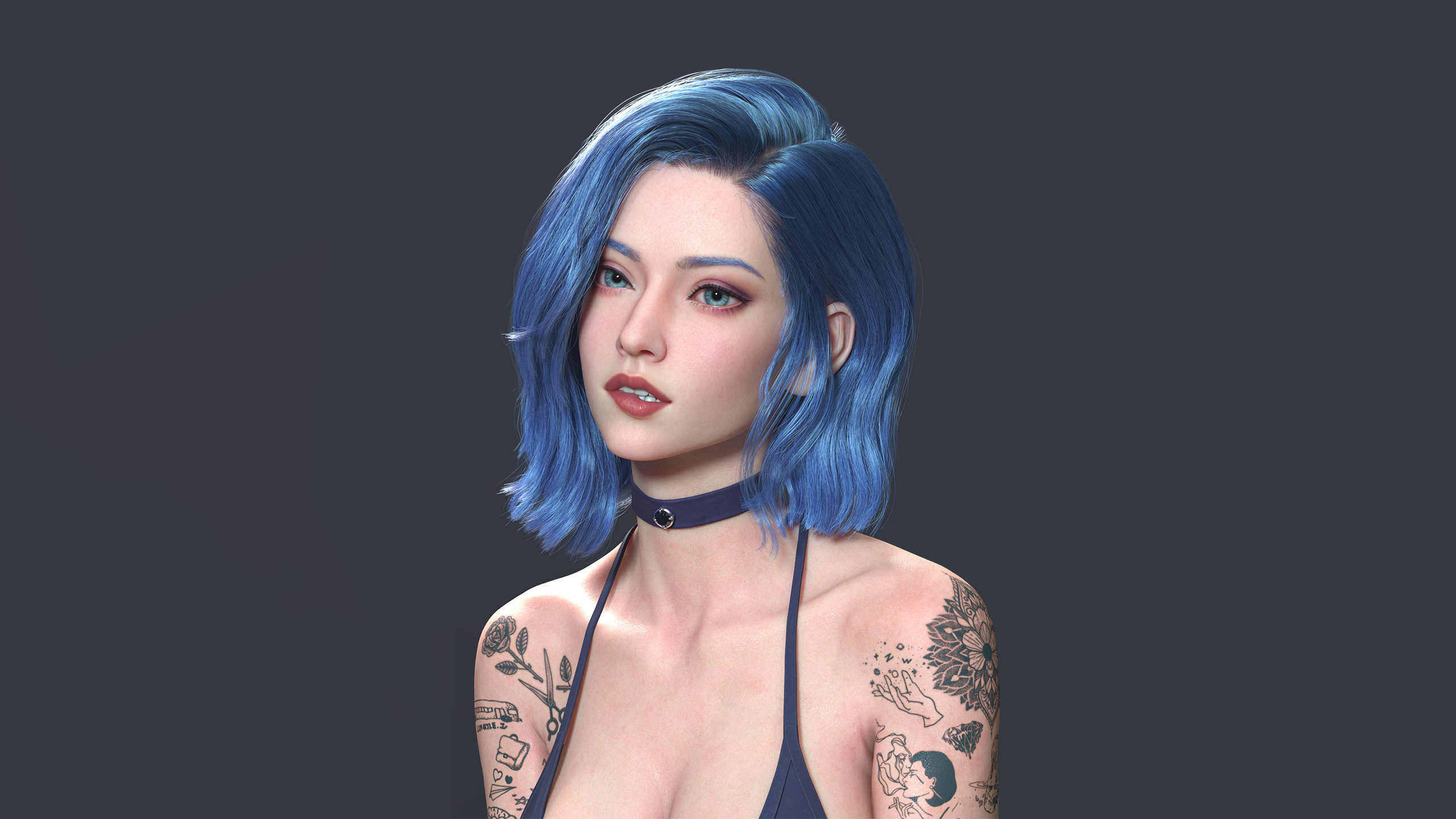 General 2560x1440 women fantasy girl blue hair tattoo punk digital art simple background collar Ling Jie Zeng blue eyes blue bikini bikini top collarbone minimalism biting lips inked girls