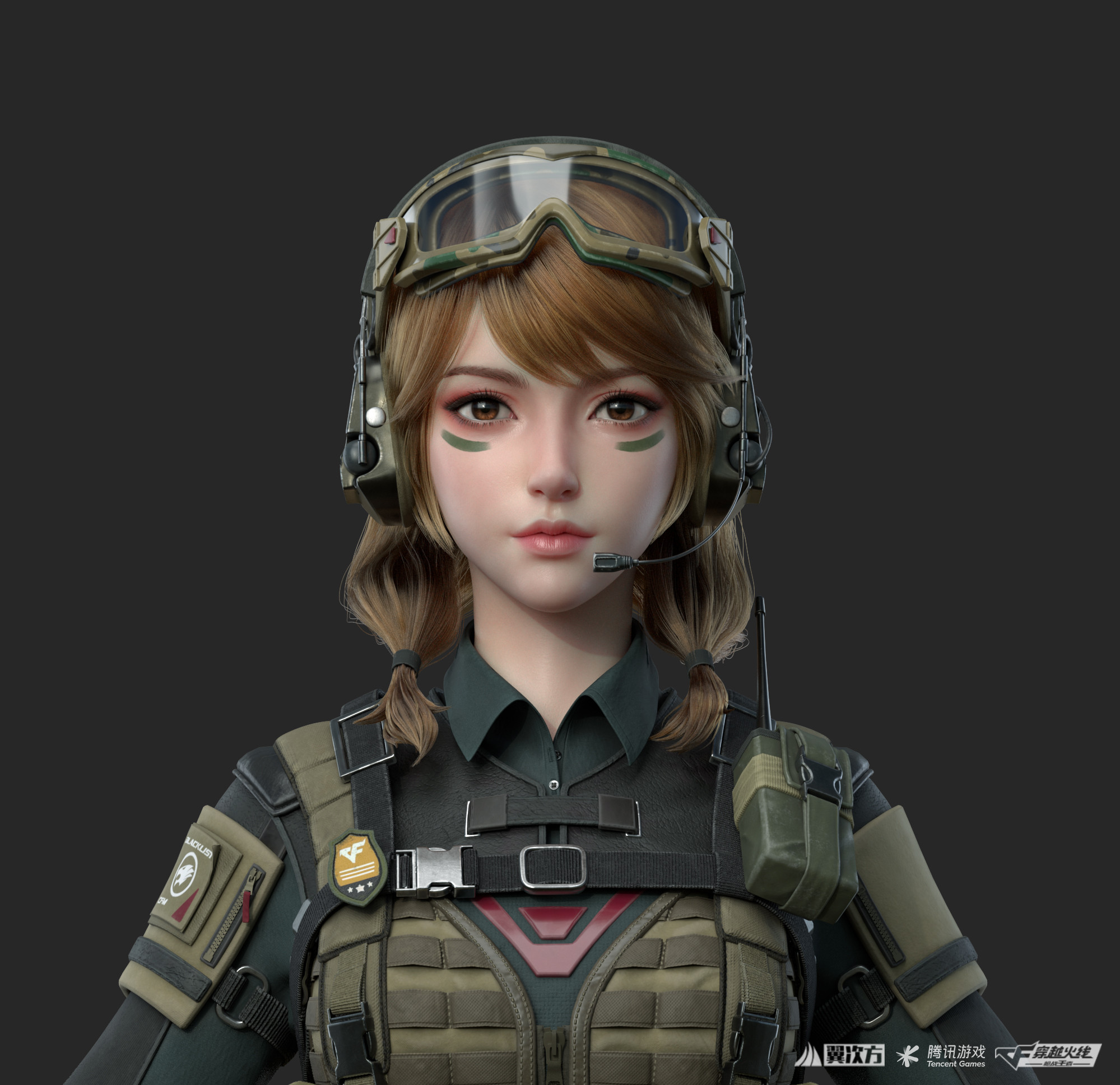General 1999x1937 Cifangyi CGI women brunette army gear face paint brown eyes portrait simple background twintails fantasy girl