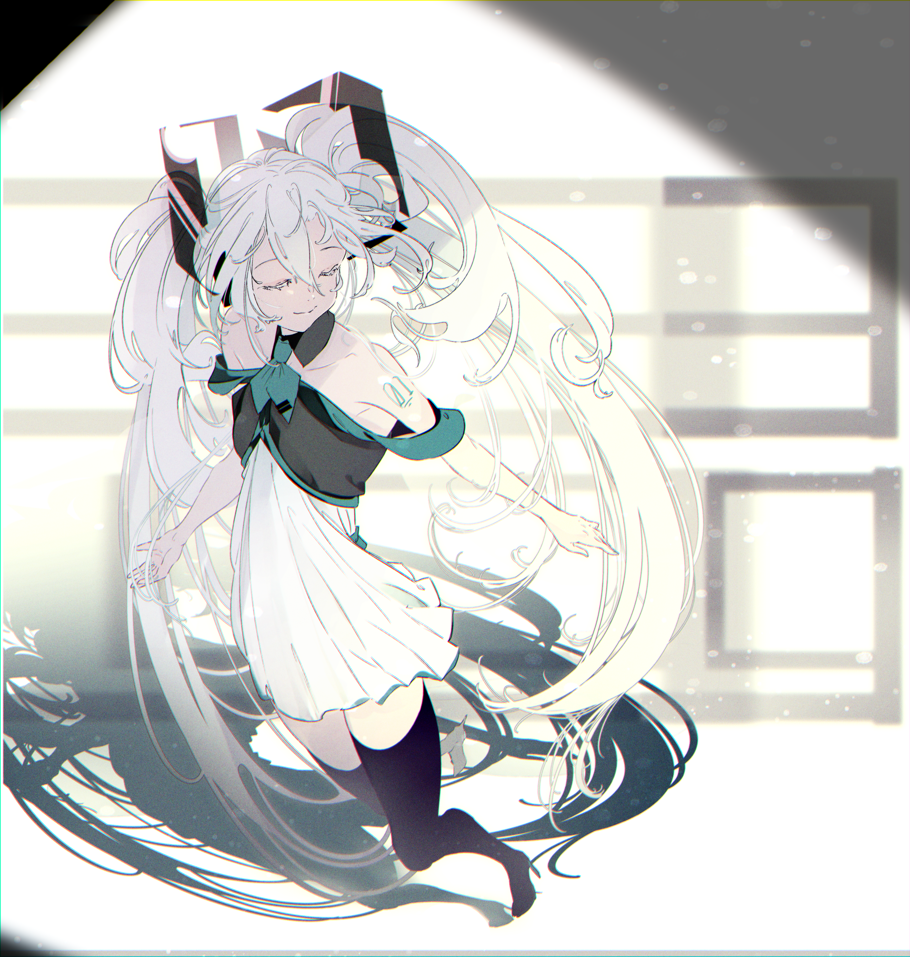 Anime 3816x4012 Hatsune Miku Vocaloid anime girls twintails shadow closed eyes white hair thigh-highs