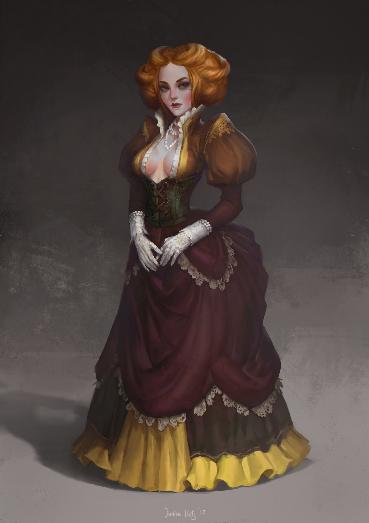 General 1525x2160 women Junica Hots artwork dress redhead boobs cleavage gloves looking at viewer