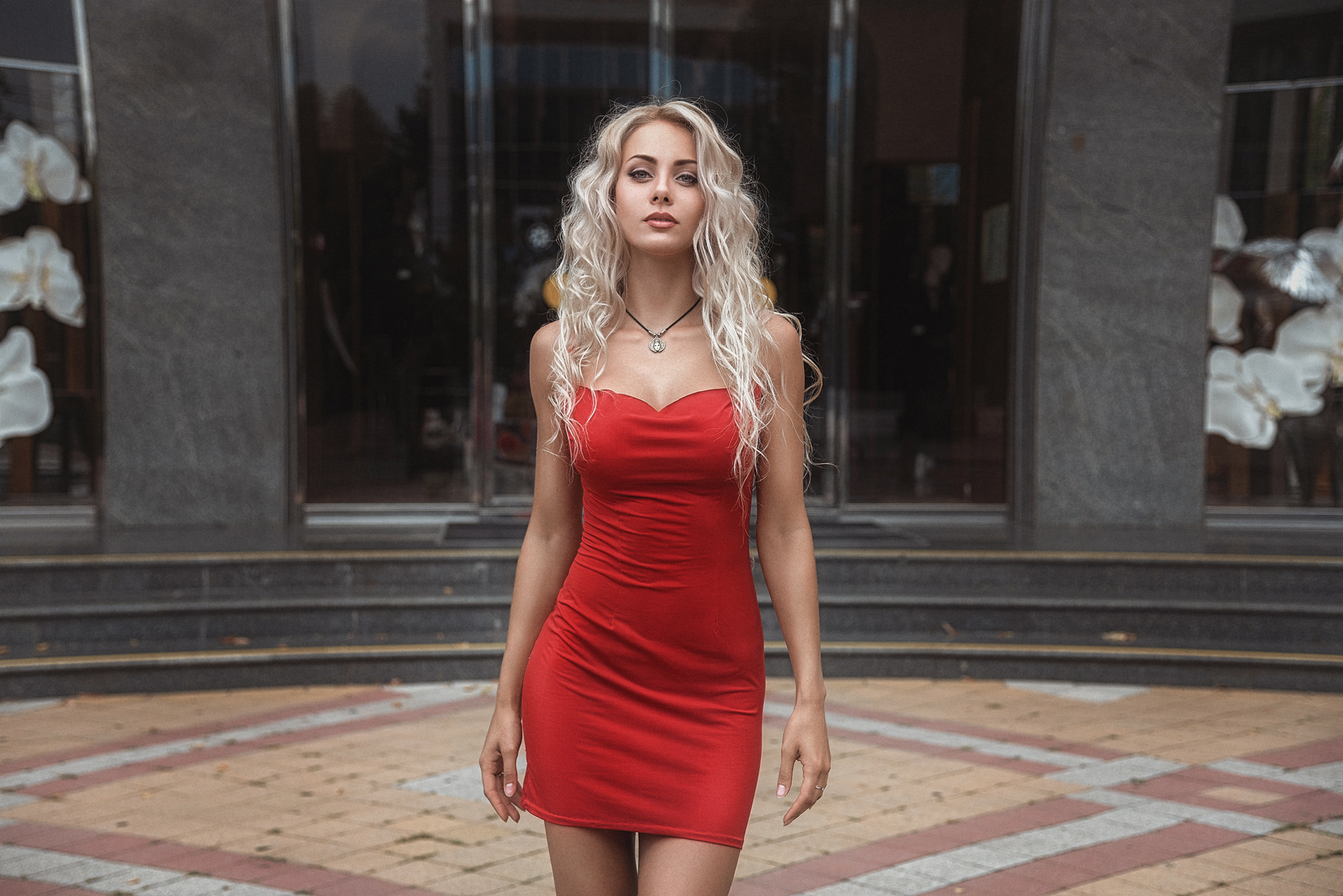 People 2000x1335 women blonde red dress tight dress portrait necklace women outdoors wavy hair Galyaev Evgeniy Anna Khachaturova