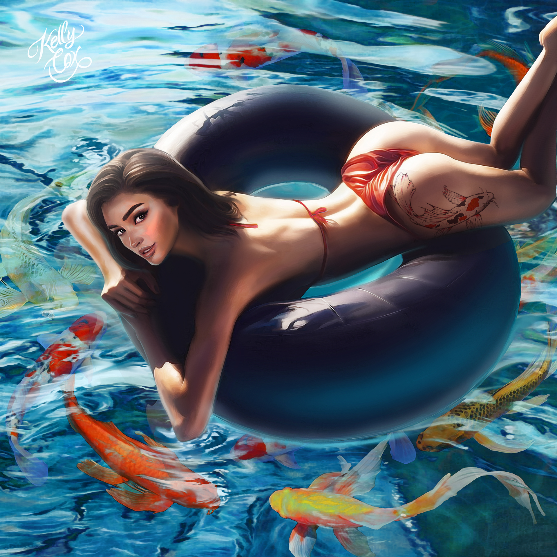 General 1920x1920 women ass Kelly Cox top view bikini water fish long hair digital art artwork red bikini