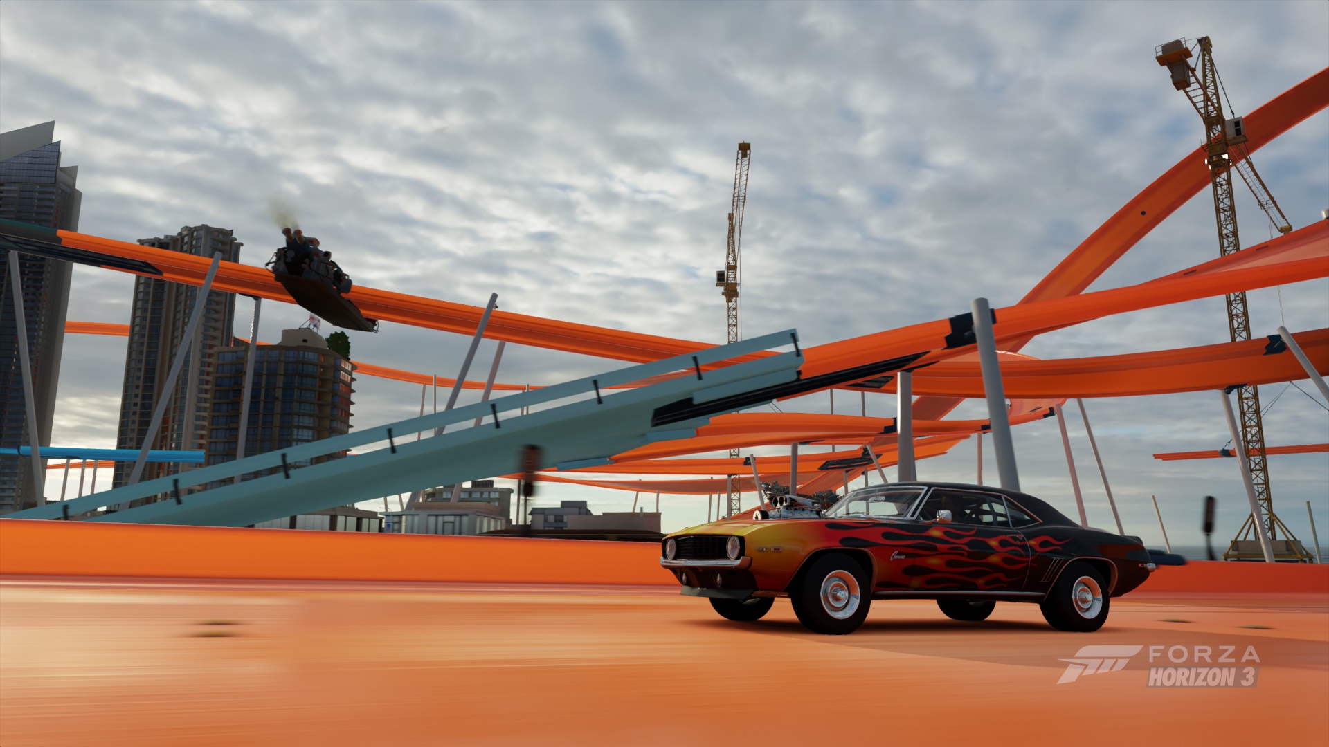 General 1920x1080 Forza Horizon 3 video games Chevrolet muscle cars American cars overcast clouds sky PlaygroundGames car video game art screen shot CGI Chevrolet Camaro race tracks watermarked cranes (machine) building side view digital art