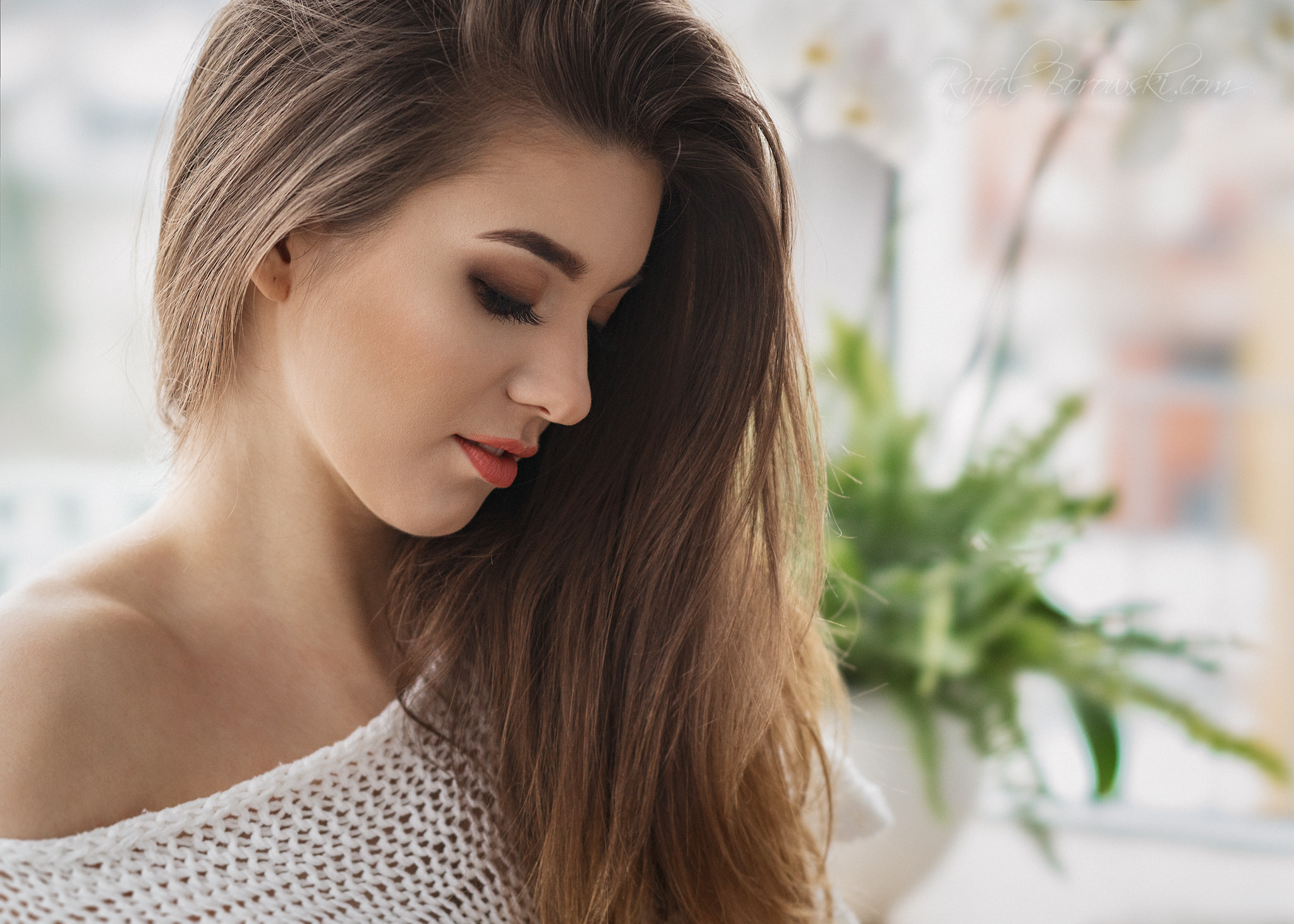 People 2048x1463 women face portrait flowers depth of field closed eyes white sweater long hair open mouth young women looking below makeup white clothing bare shoulders closeup knit fabric