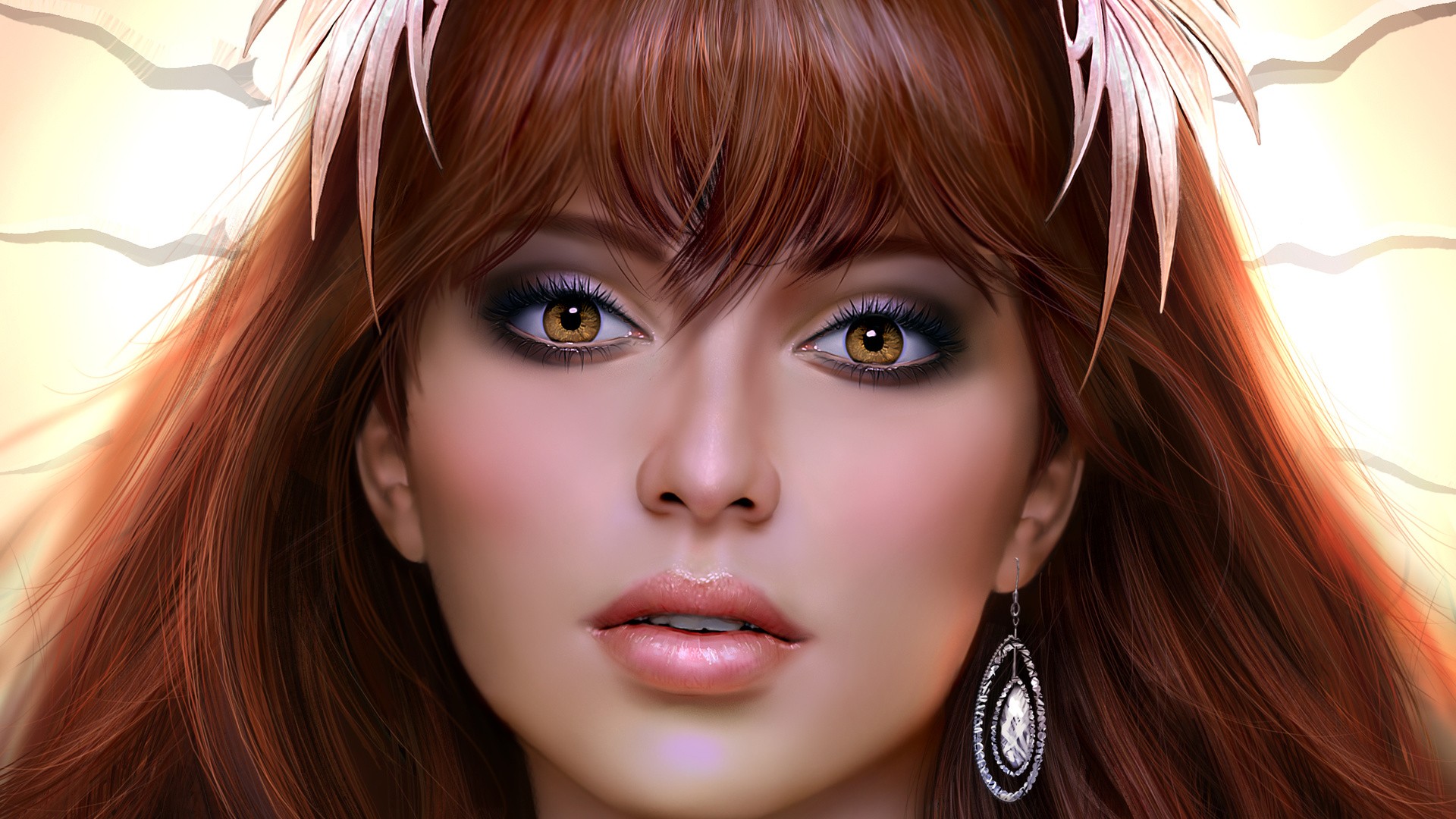 General 1920x1080 digital art face bangs redhead portrait open mouth looking at viewer women hoop earrings brown eyes fantasy girl leaves