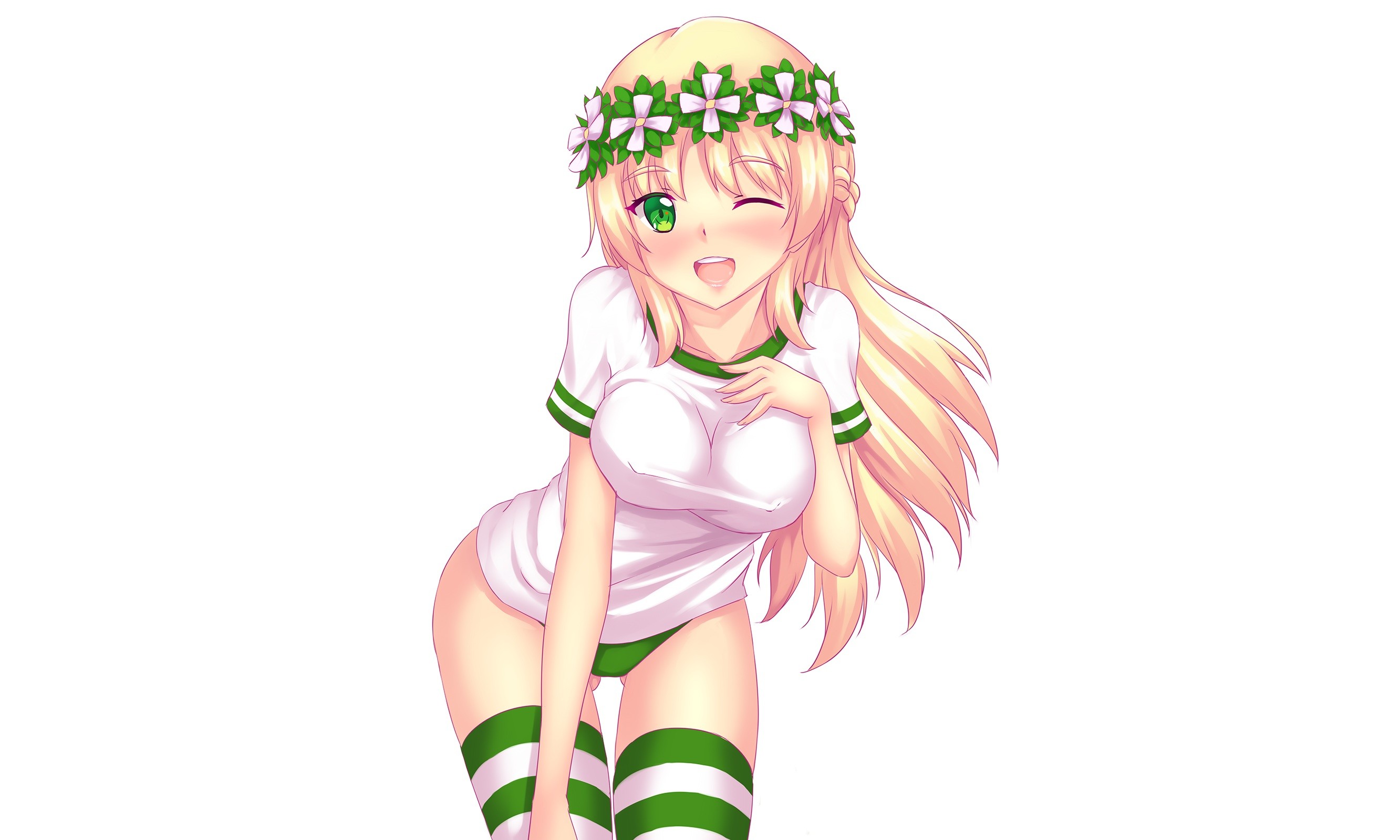 Anime 2665x1600 blonde bloomers simple background white background holding boobs blushing hard nipples flowers green eyes gym clothes headdress long hair thigh-highs wink fast-runner-2024 boob pockets flower crown