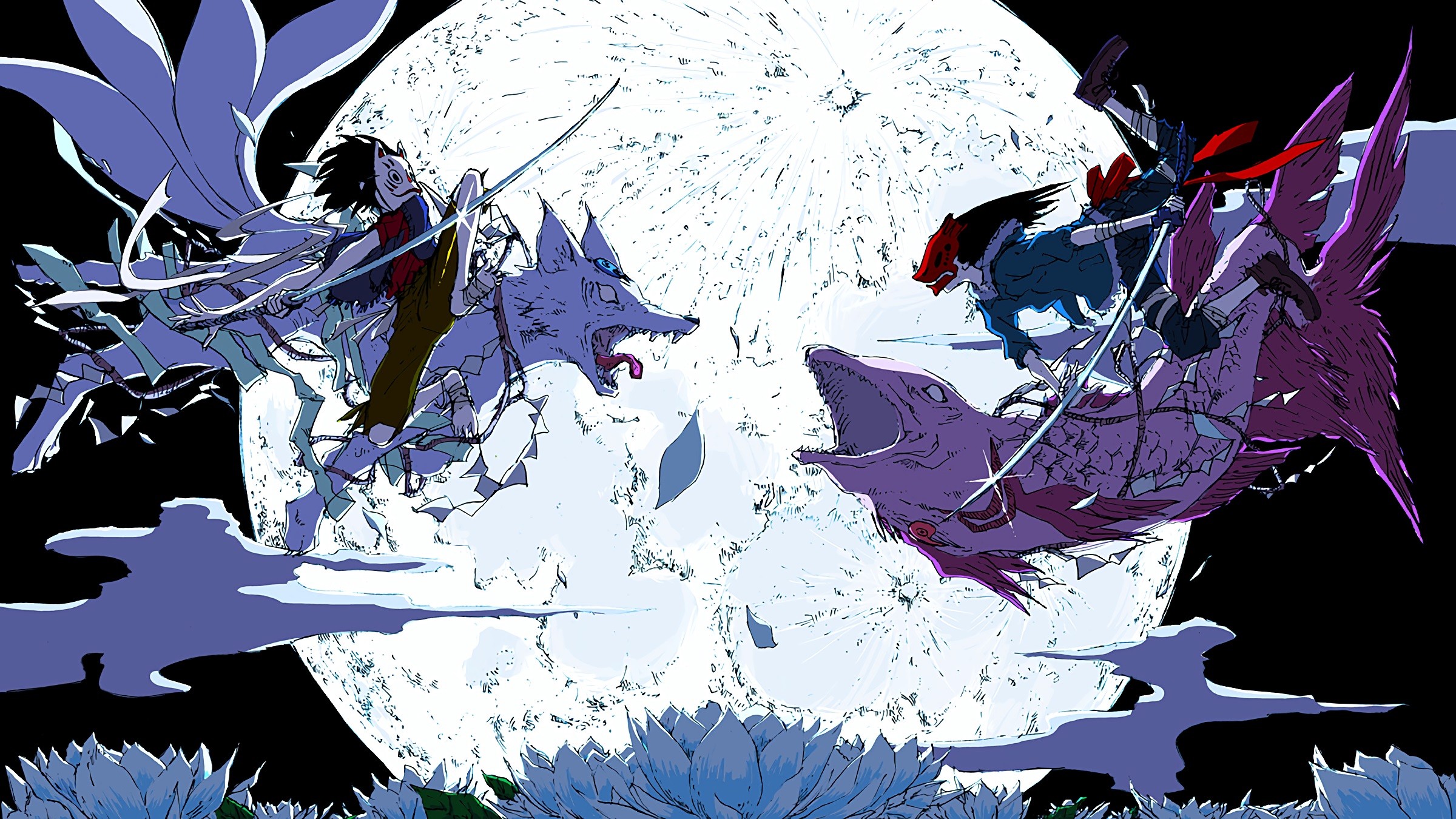 Anime 2400x1350 anime anime boys Moon mask sword wolf fish fighting battle night clouds flowers black hair moonlight