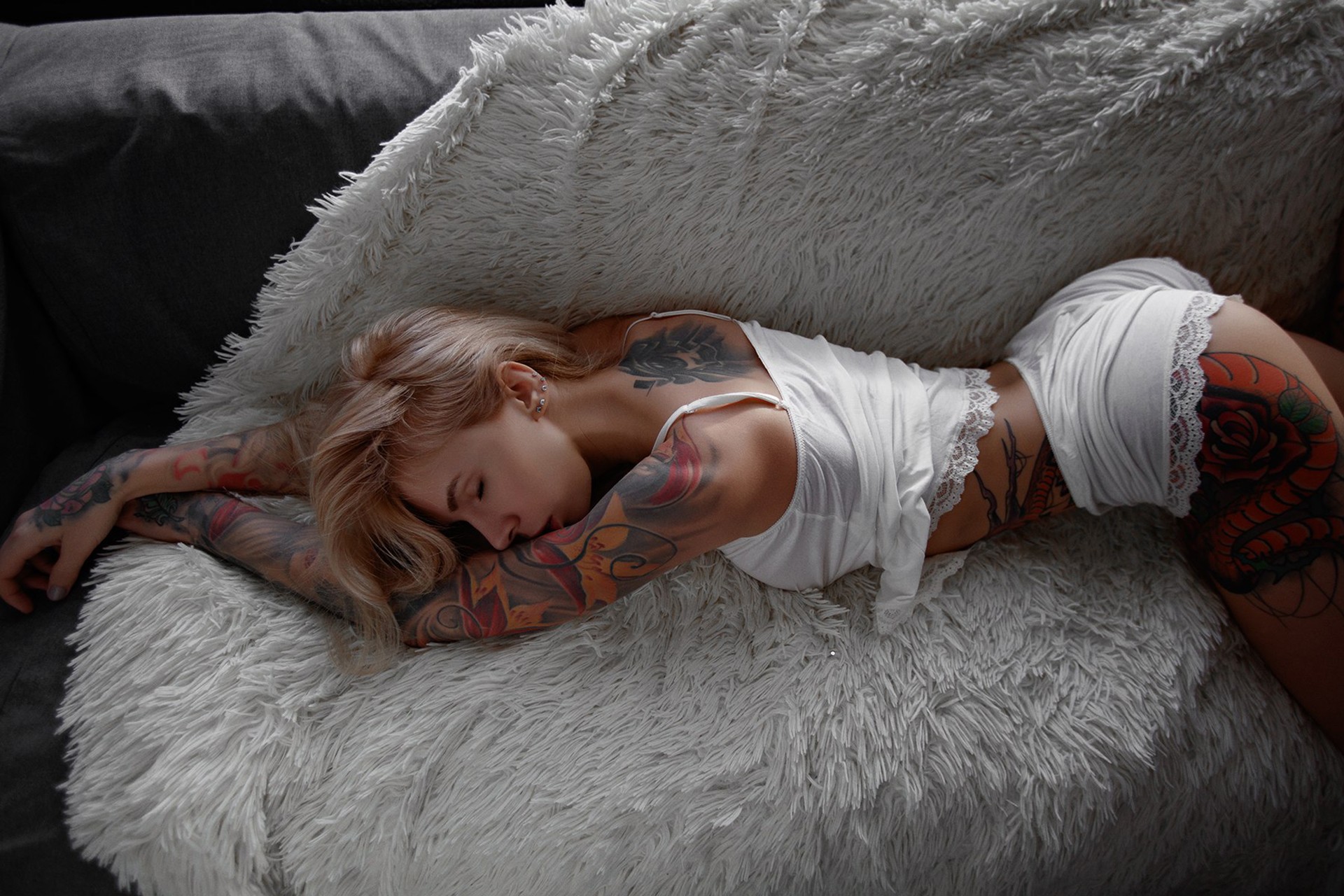 People 1920x1280 Maria Lipina women blonde white lingerie ass closed eyes brunette tattoo high angle