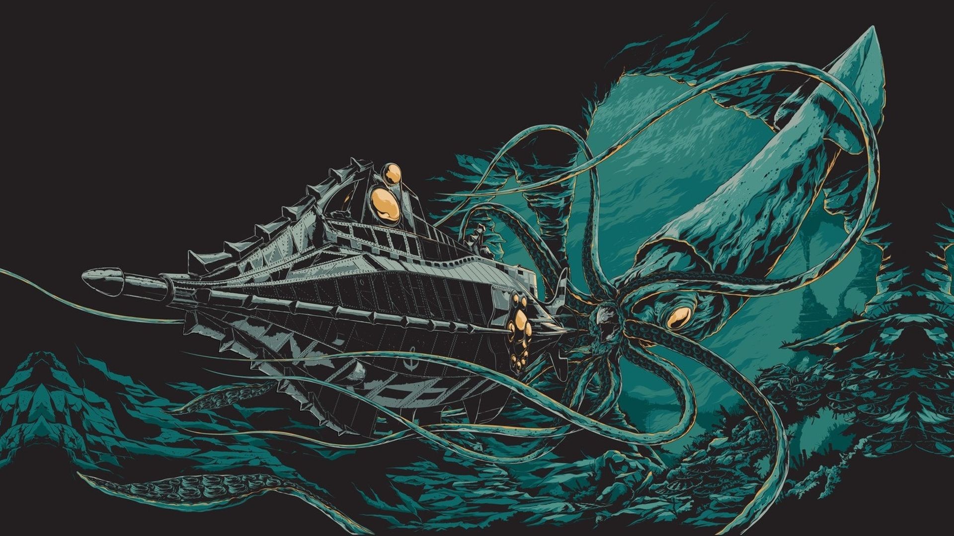 General 1920x1080 digital art illustration 20000 Leagues Under the Sea Jules Verne underwater sea drawing sea monsters submarine black background squids Nautilus