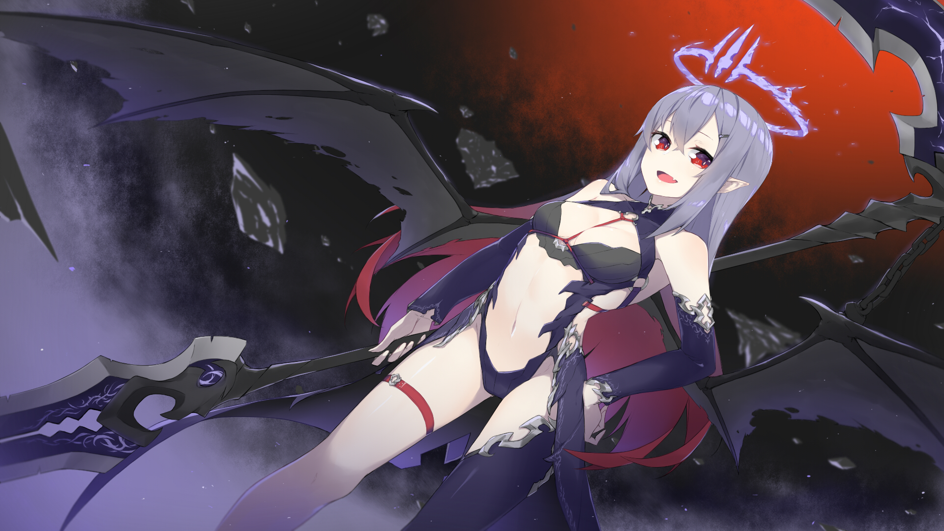 Anime 1920x1080 boobs long hair belly button fangs gray hair pointy ears red eyes scythe thigh-highs weapon wings halo anime girls skimpy clothes