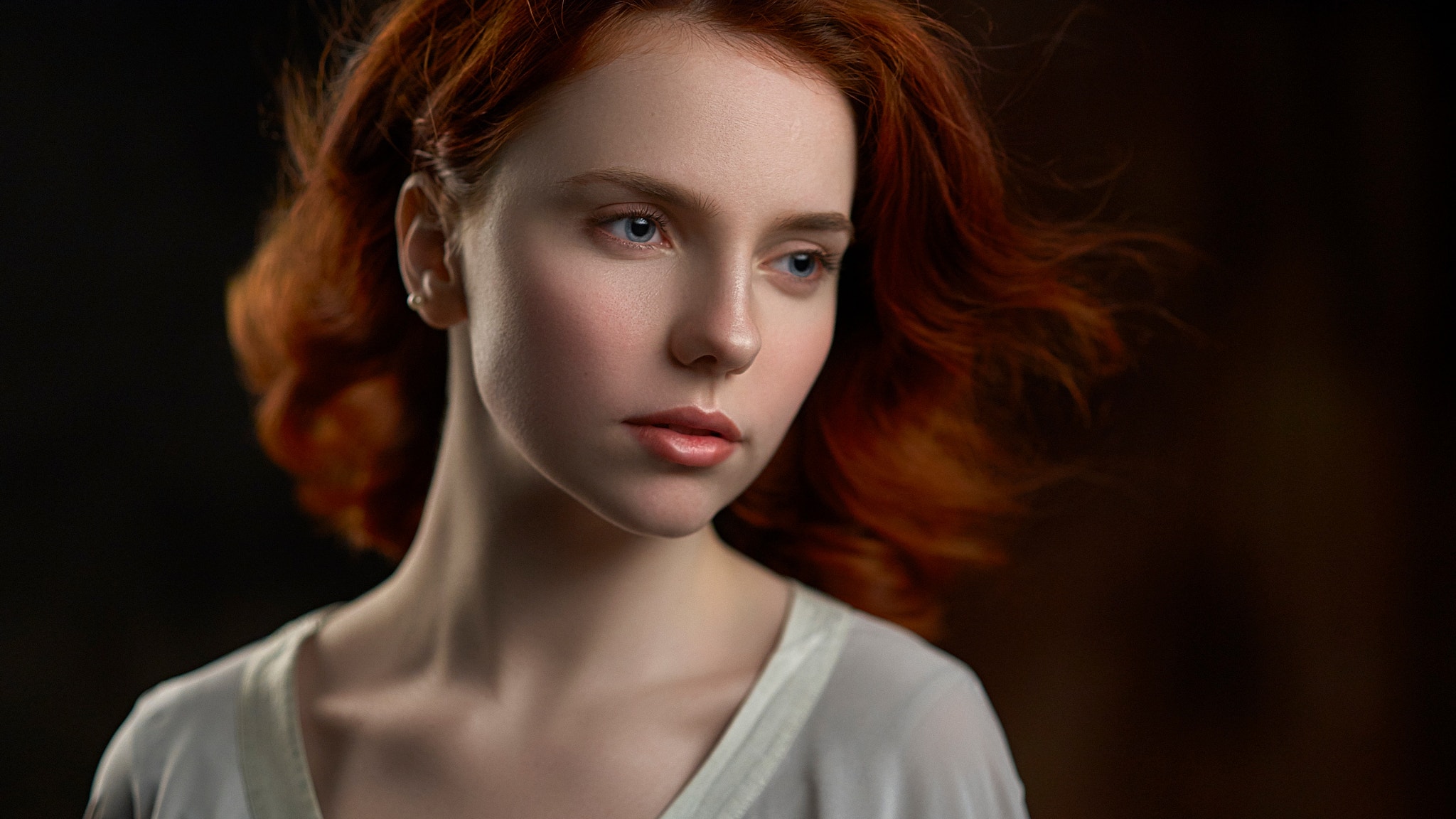 People 2048x1152 redhead Pavel Cherepko women portrait simple background blue eyes looking at viewer face photography model