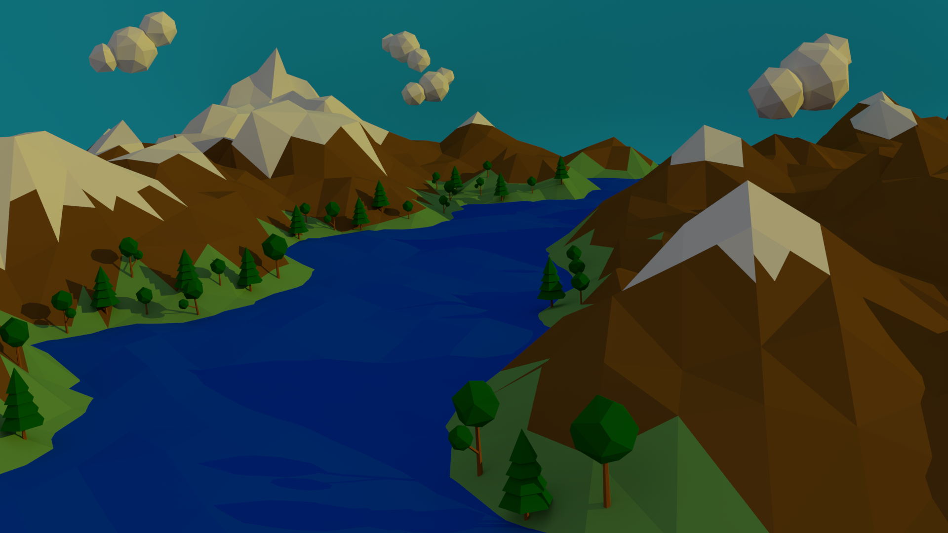 General 1920x1080 water mountains nature low poly river trees snow digital art