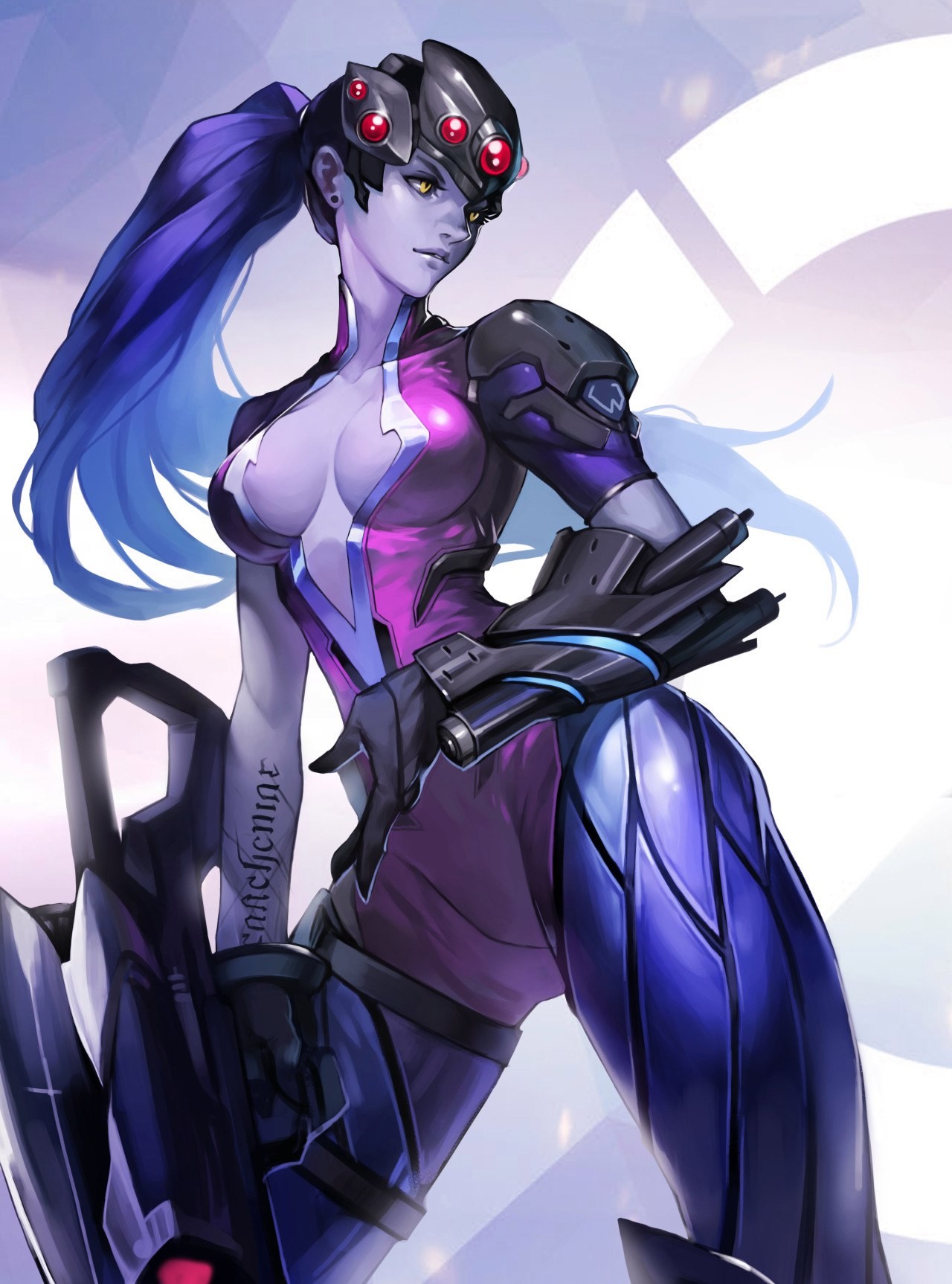 Anime 1280x1726 Widowmaker (Overwatch) Overwatch video games boobs Futuristic Weapons girls with guns purple hair long hair video game girls PC gaming video game characters fan art yellow eyes