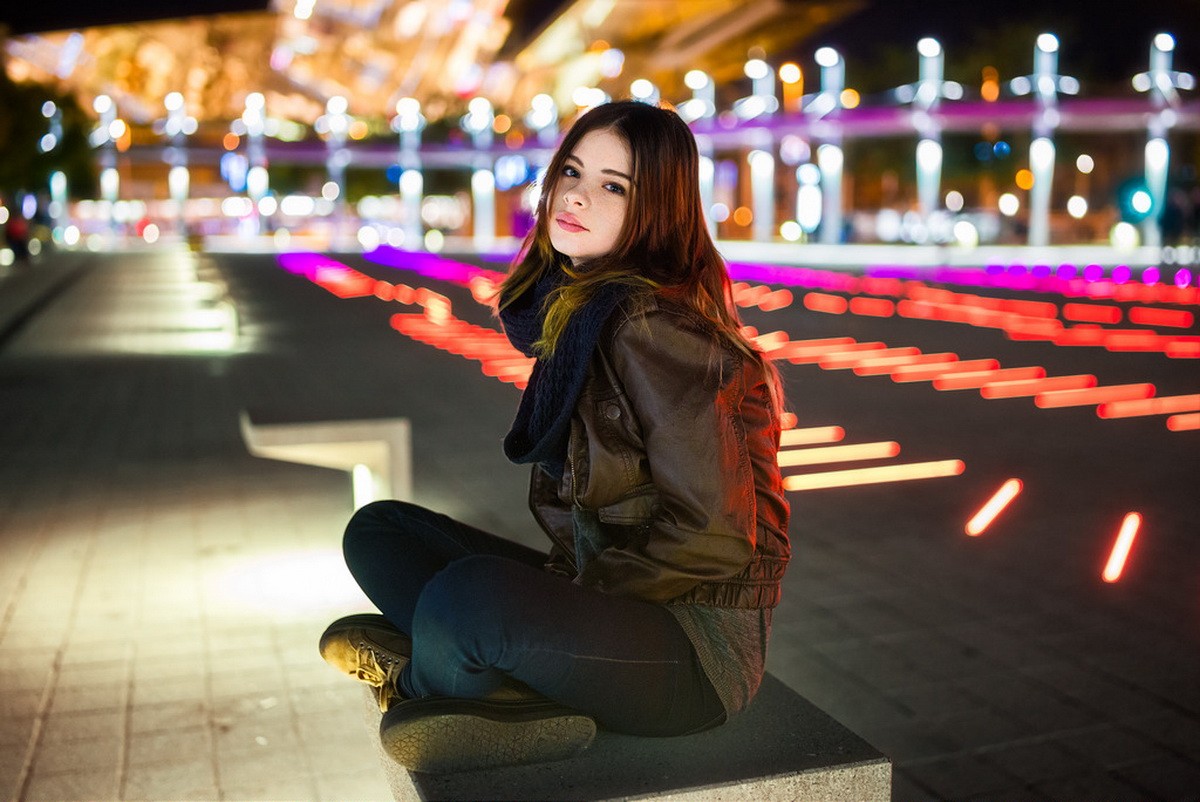 People 1200x802 looking at viewer women outdoors model urban sitting jacket brown jacket blue pants on bench leather jacket lights pale women brunette jeans Caucasian legs crossed young women