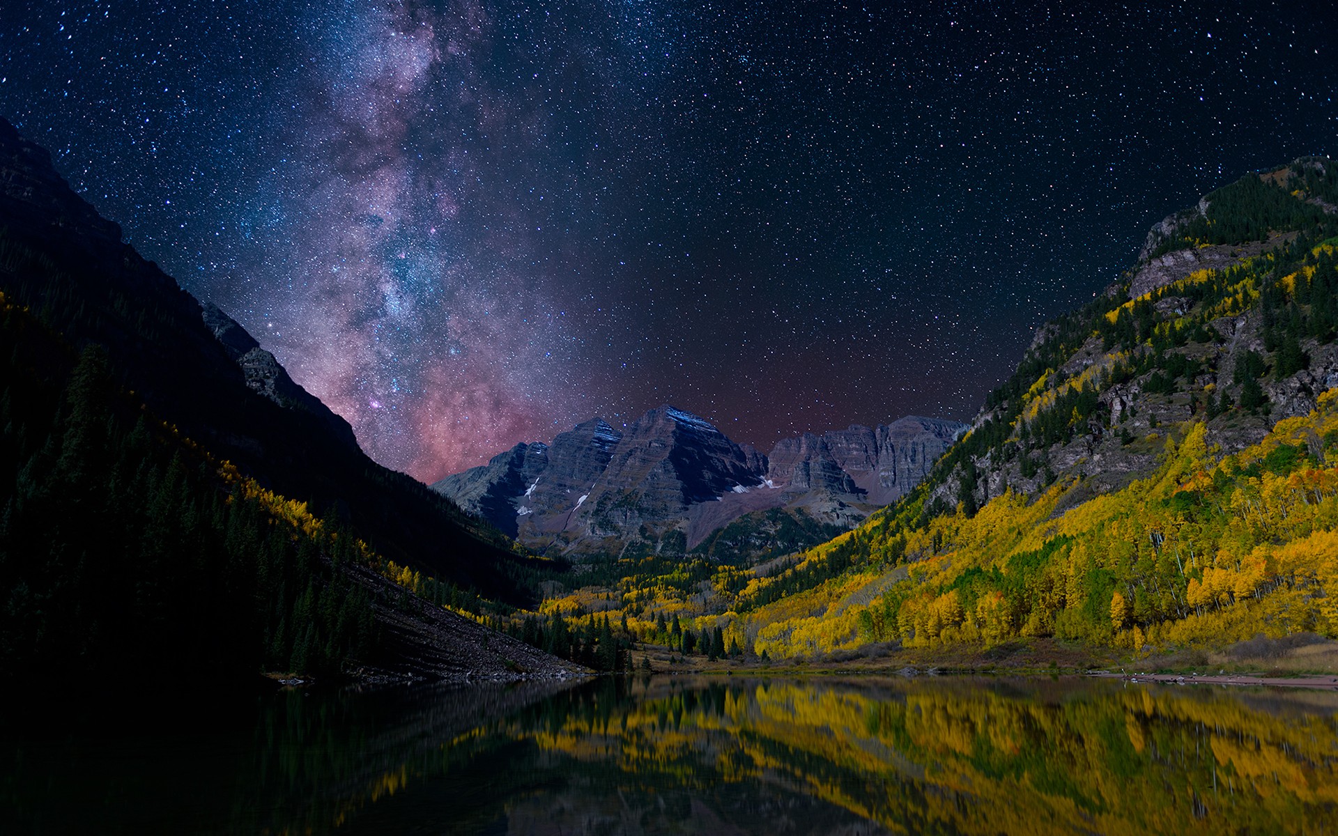 General 1920x1200 nature mountains sky stars Maroon Bells low light Colorado USA night water reflection lake