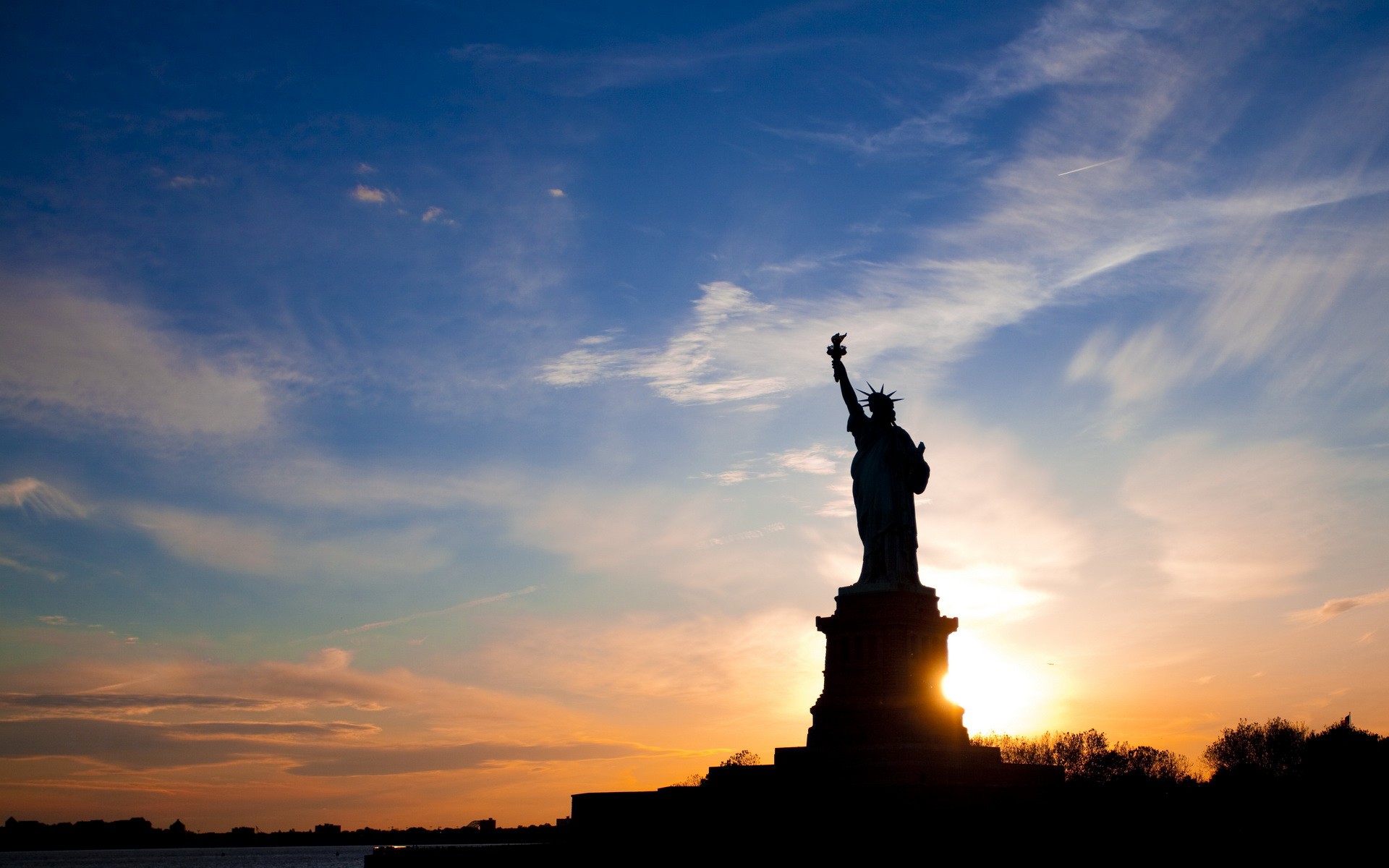 General 1920x1200 USA Statue of Liberty sunset New York City sunlight silhouette sky landmark North America