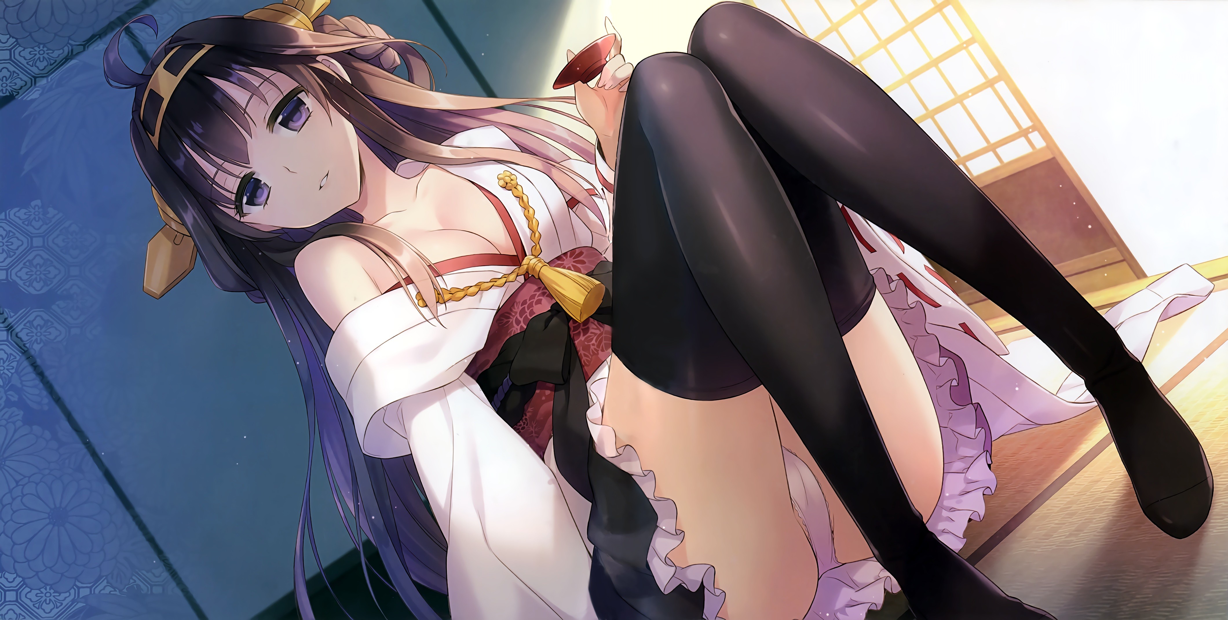 Anime 4240x2140 anime anime girls Kantai Collection Kongou (KanColle) cleavage no bra underwear long hair purple eyes thigh-highs Japanese clothes knees together stockings black stockings boobs women indoors looking at viewer