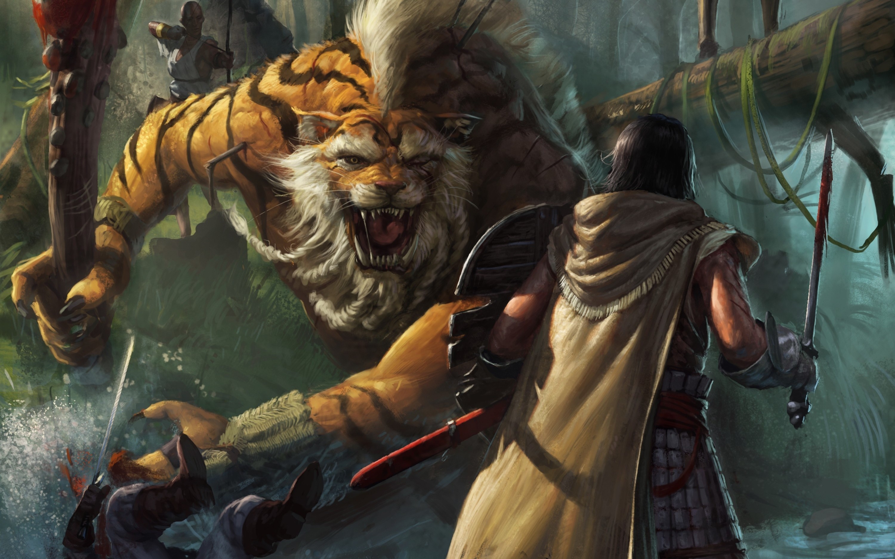 General 3000x1875 artwork tiger sword jungle trees warrior cape armor